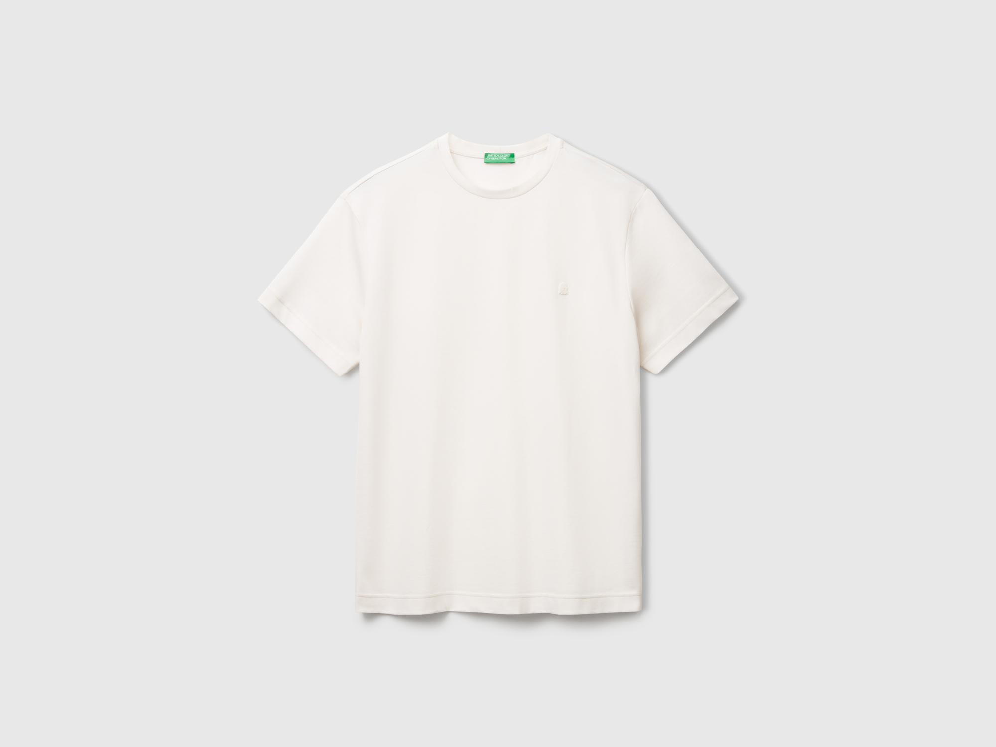 Erkek Krem %100 Pamuk Göğsü Yama Logo İşlemeli Bisiklet Yaka T-Shirt