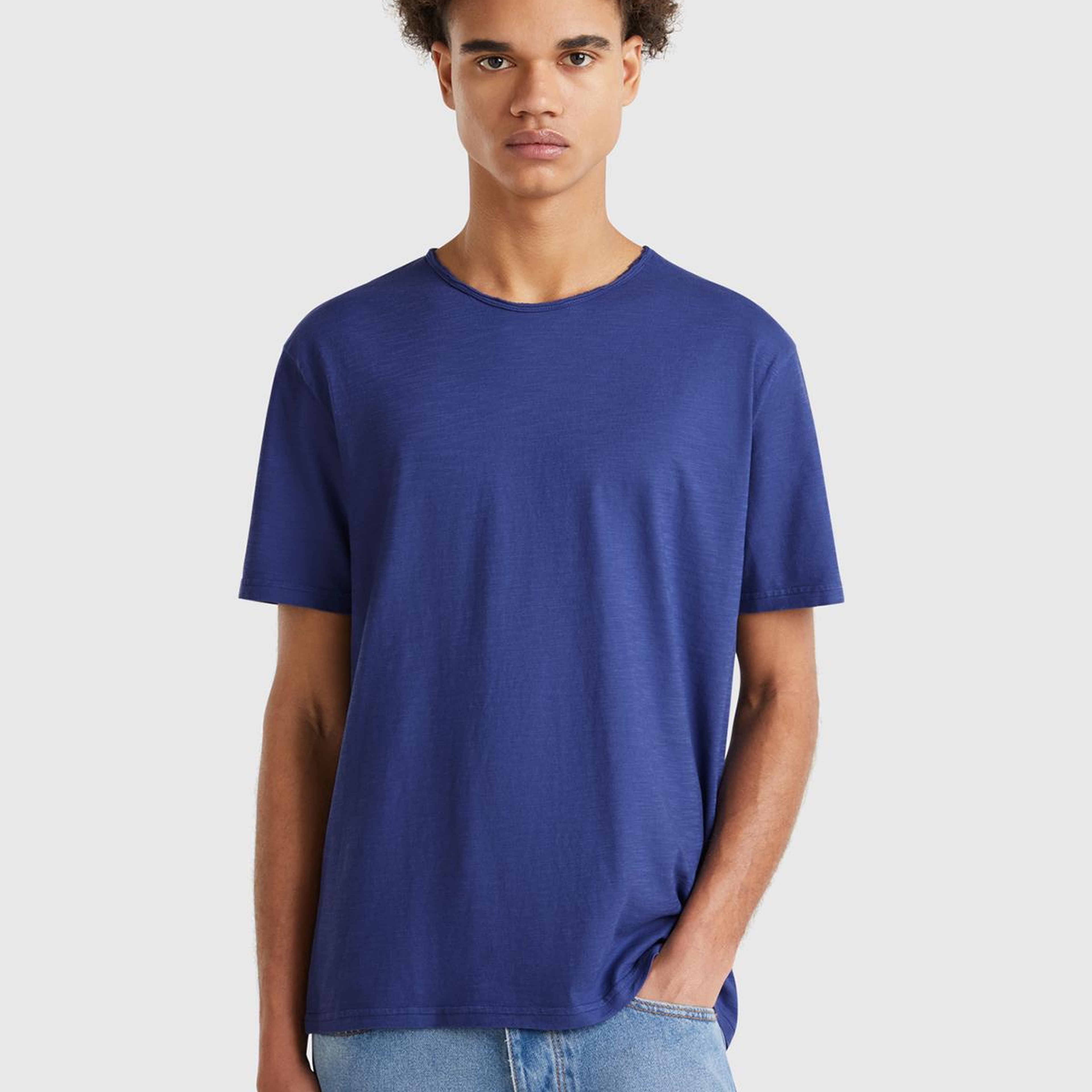 Erkek Lavanta Mavisi Bisiklet Yaka Slub T-shirt