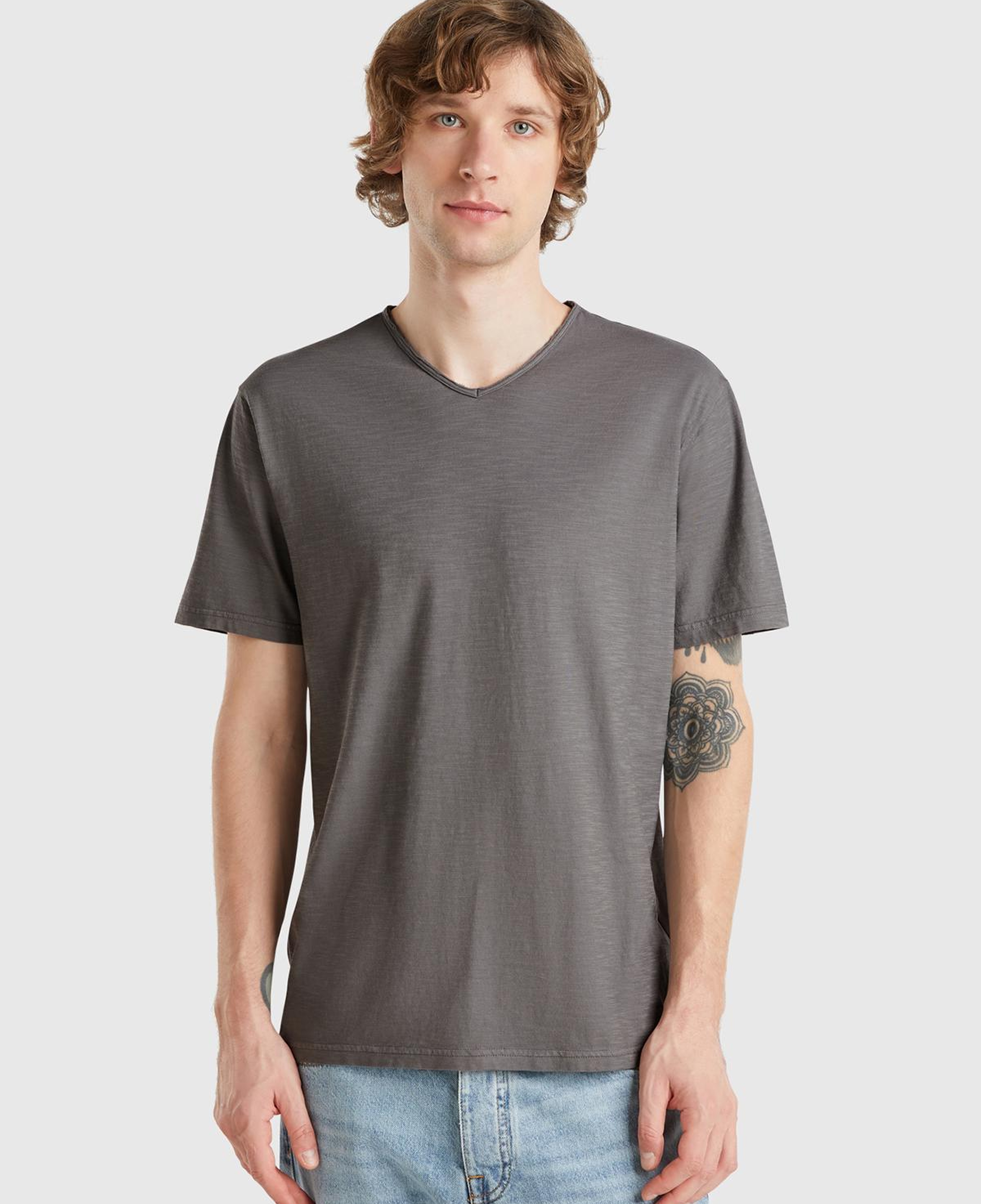 Erkek Antrasit V Yaka Slub T-shirt