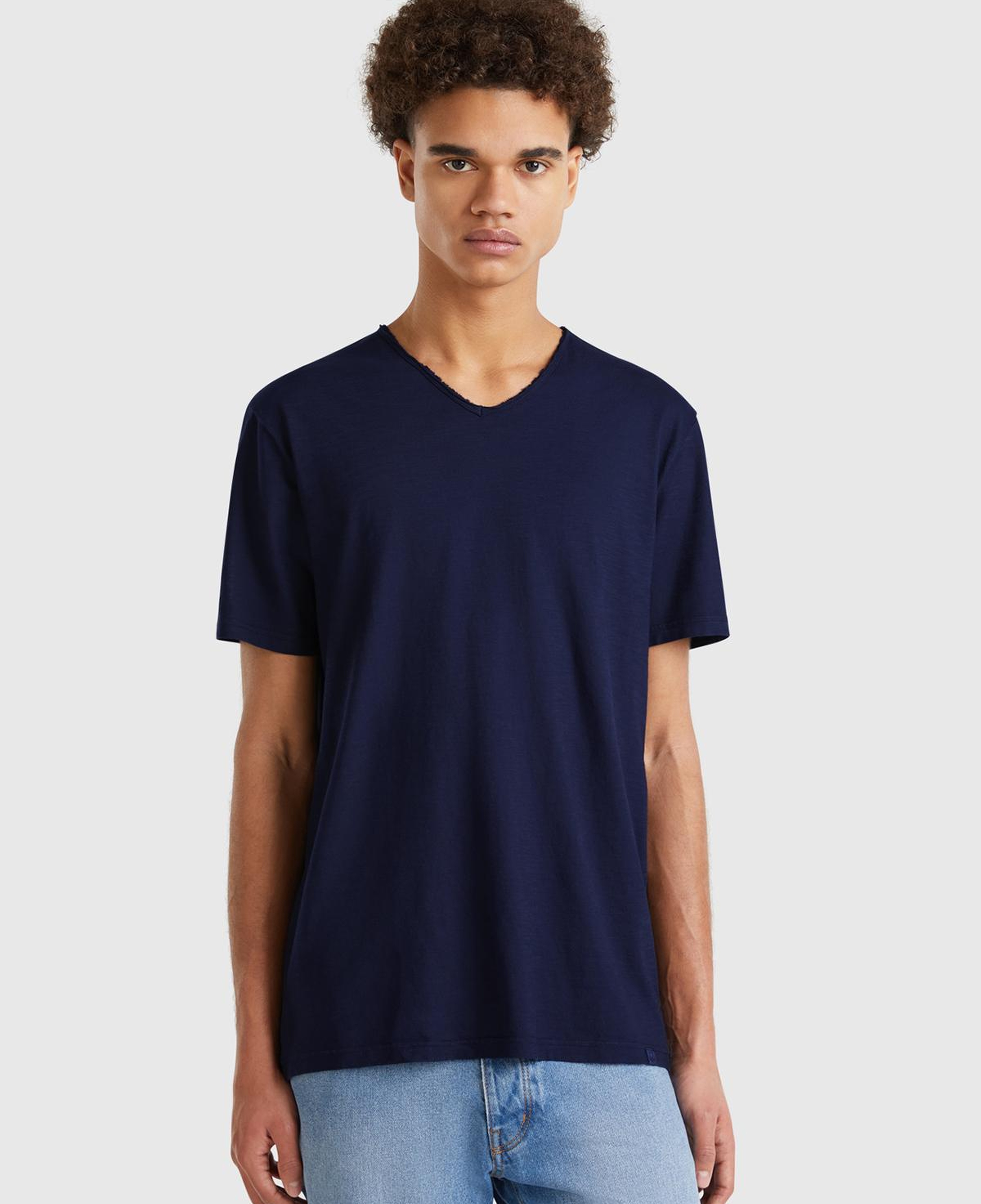 Erkek Lacivert V Yaka Slub T-shirt