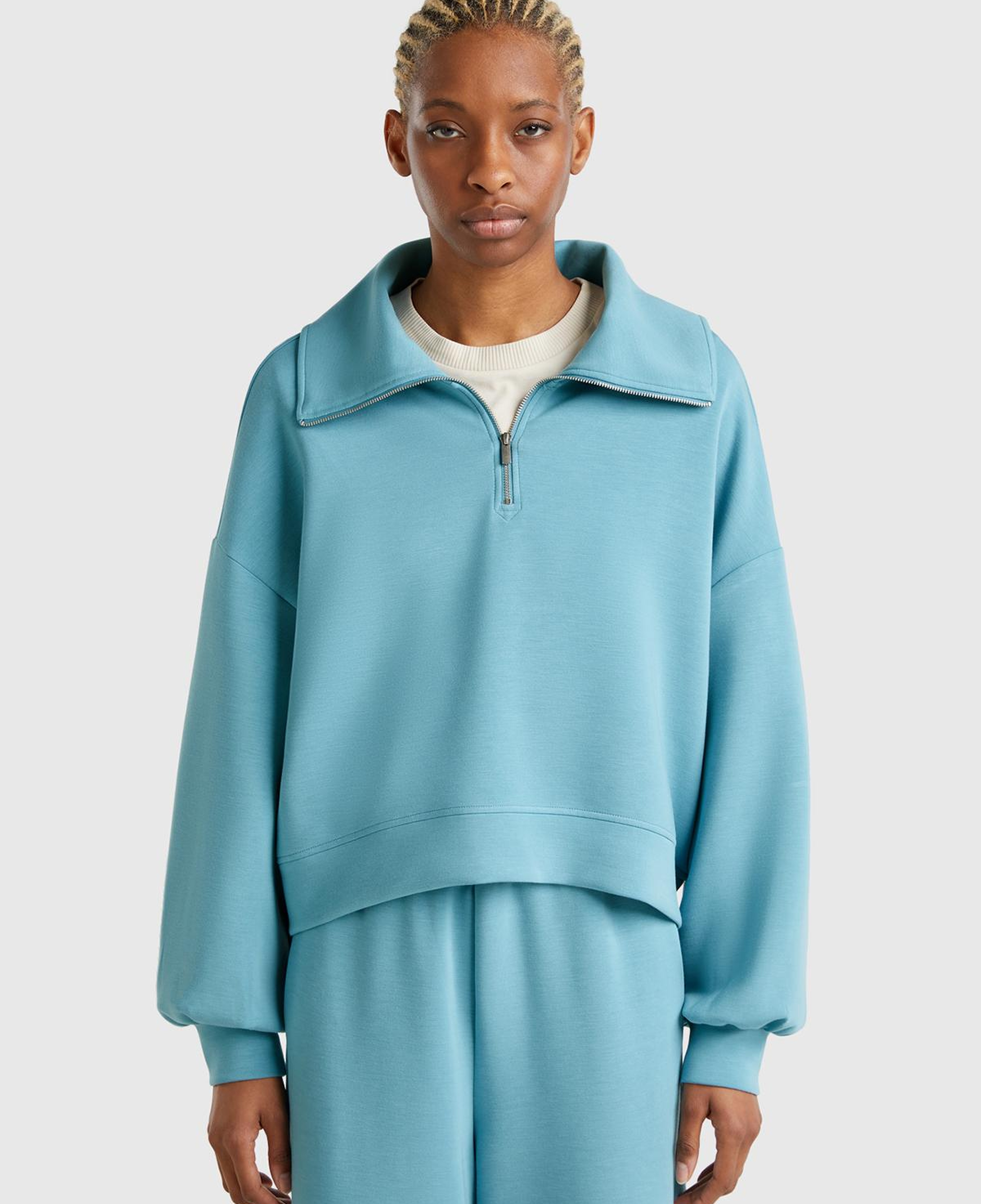 Kadın Mavi Modal Karışımlı Yarım Fermuarlı Polo Yaka Sweatshirt