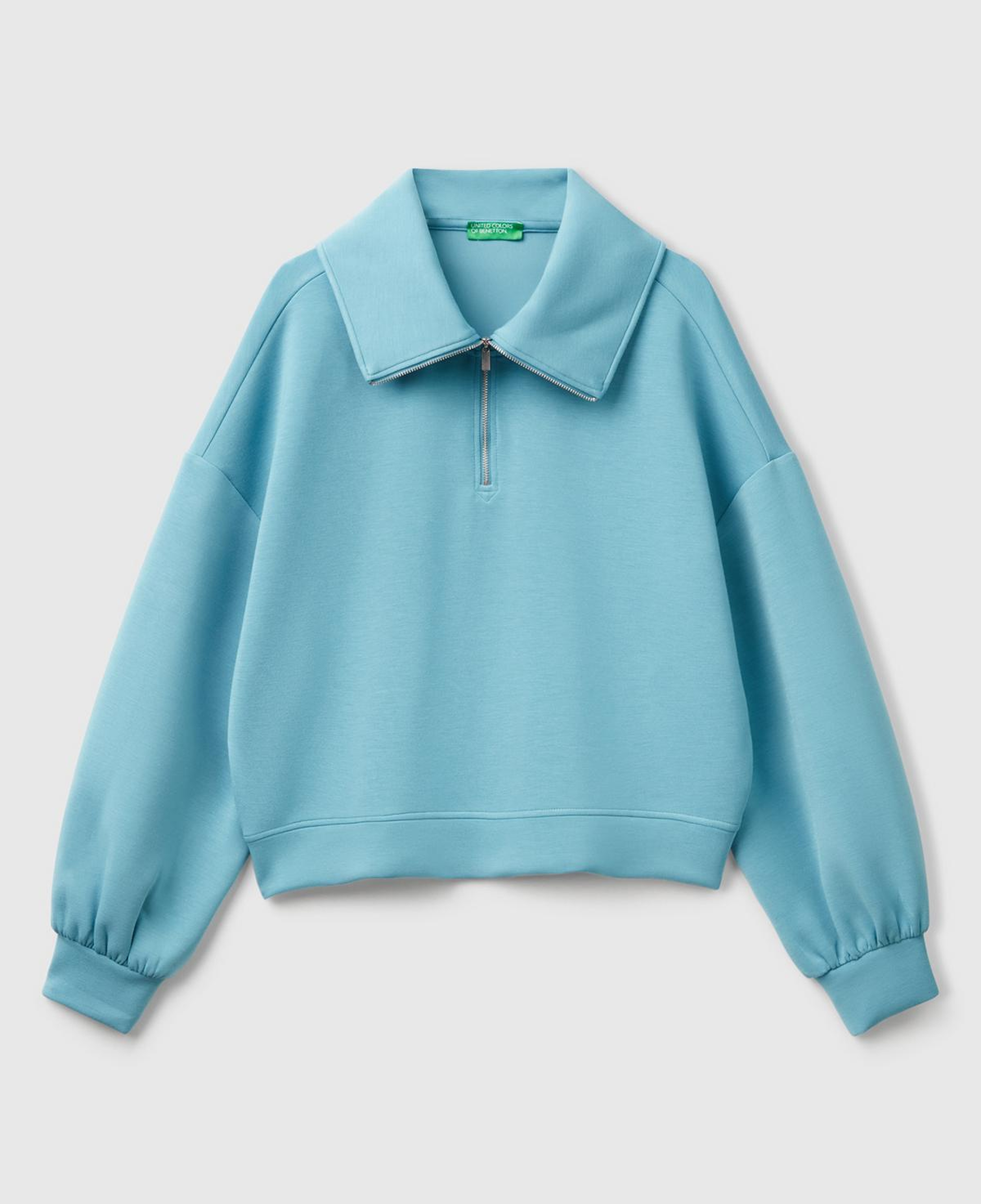 Kadın Mavi Modal Karışımlı Yarım Fermuarlı Polo Yaka Sweatshirt