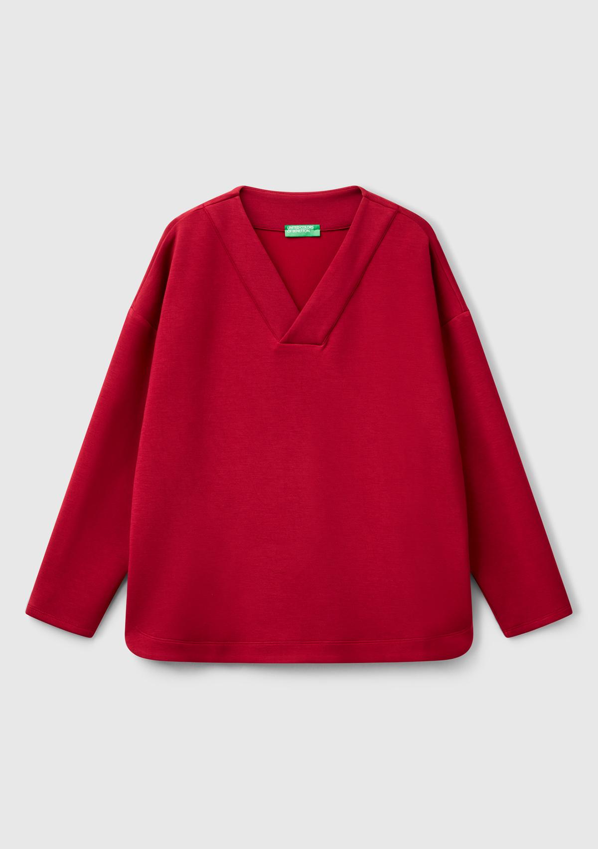 Kadın Bordo Modal Karışımlı V Yaka Uzun Kollu Sweatshirt