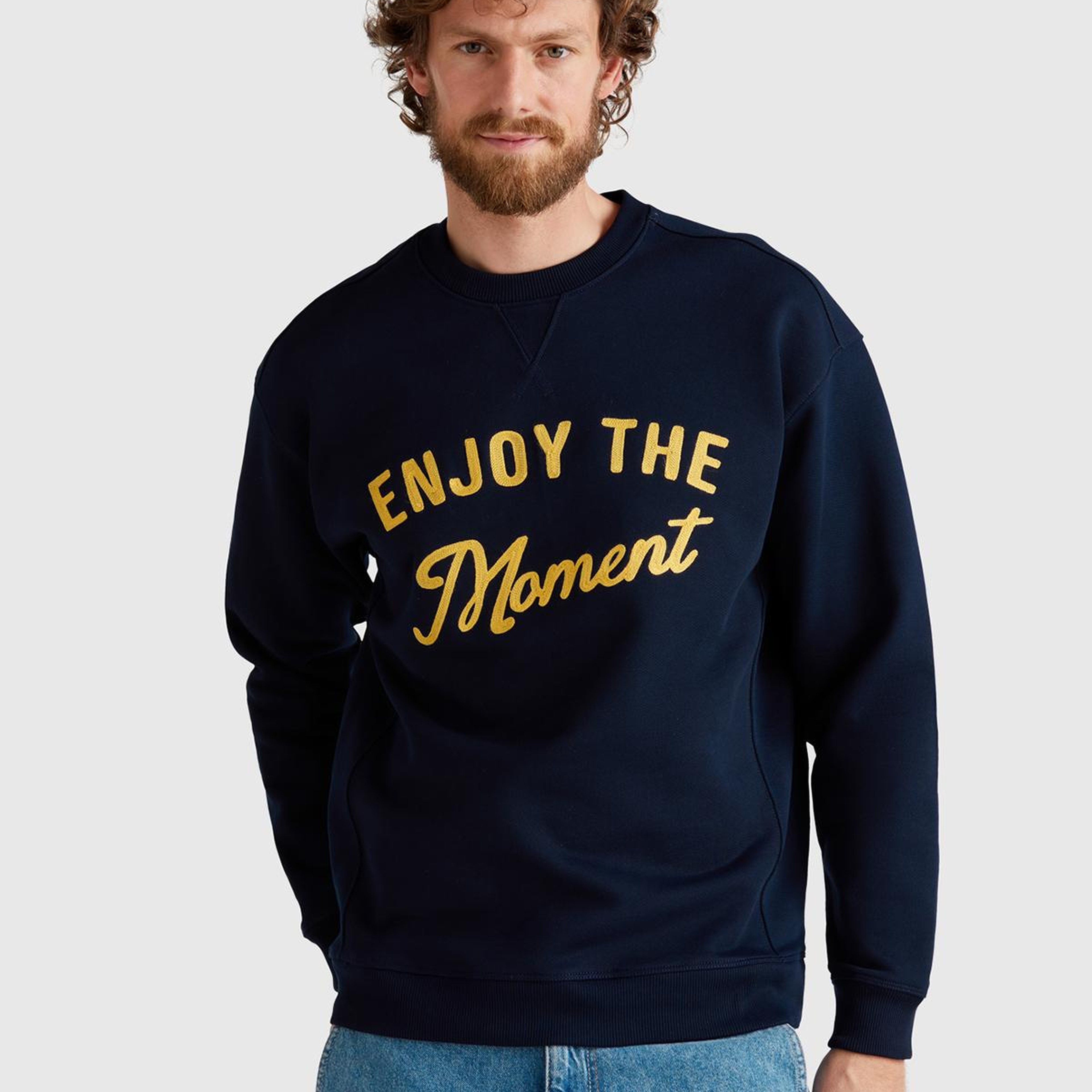 Erkek Lacivert Pamuk Karışımlı Önü Yazı Baskılı Relax Fit Sweatshirt