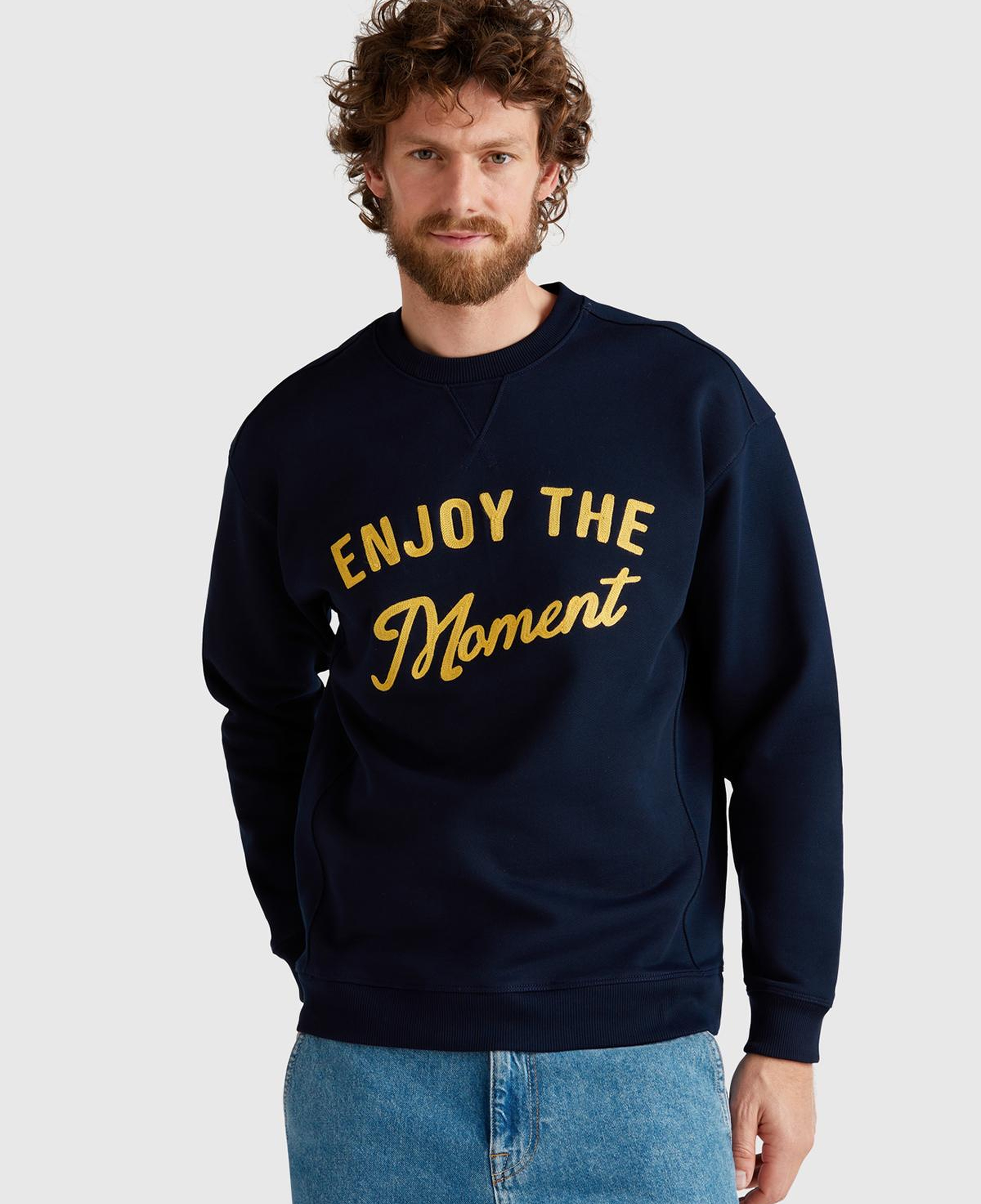Erkek Lacivert Pamuk Karışımlı Önü Yazı Baskılı Relax Fit Sweatshirt