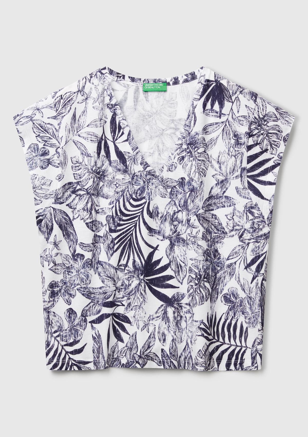 Kadın Mavi Mix %100 Koton Desenli V Yaka T-Shirt