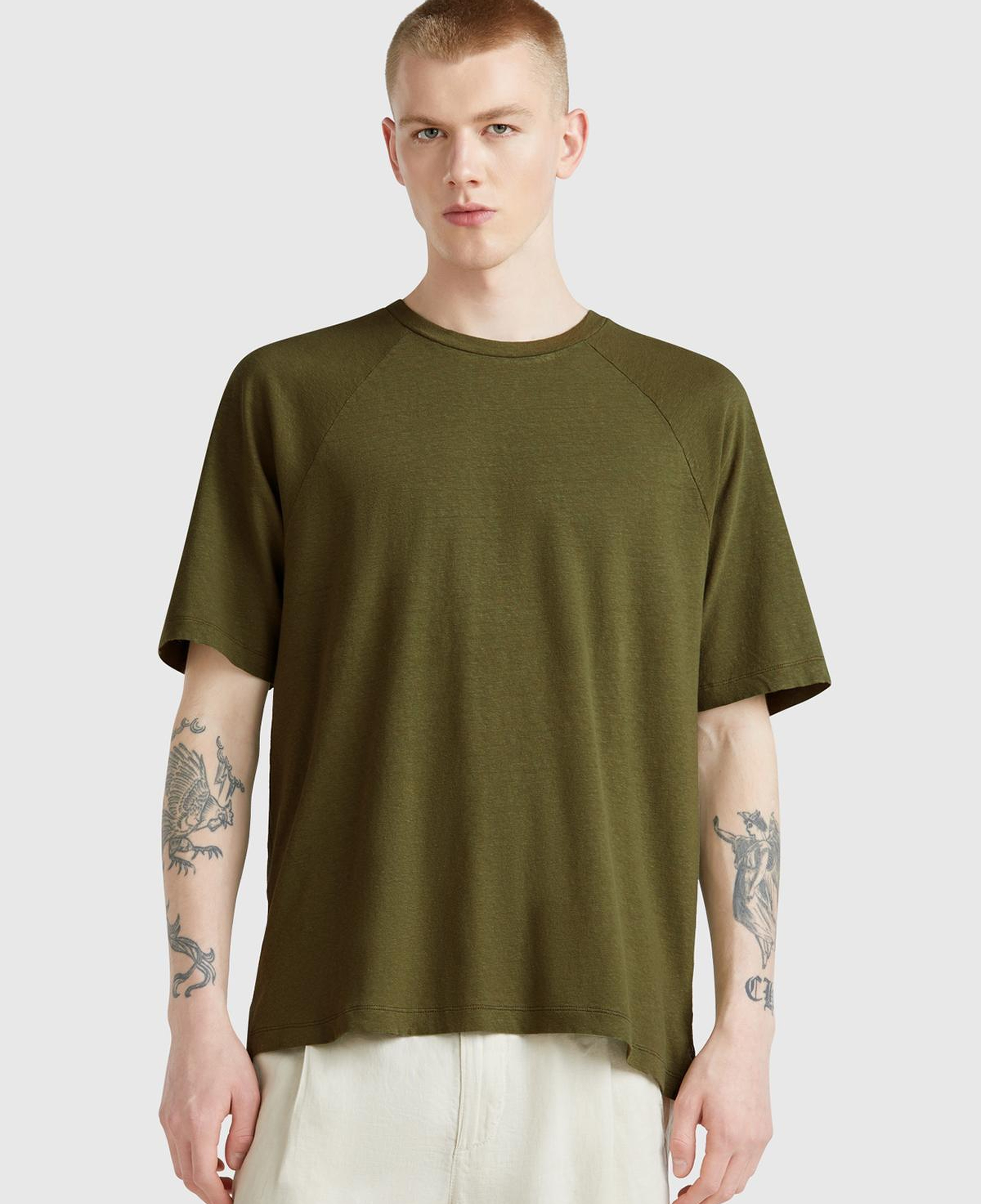 Erkek Haki Pamuk ve Keten Karışımlı Reglan Kol Relax Fit T-Shirt