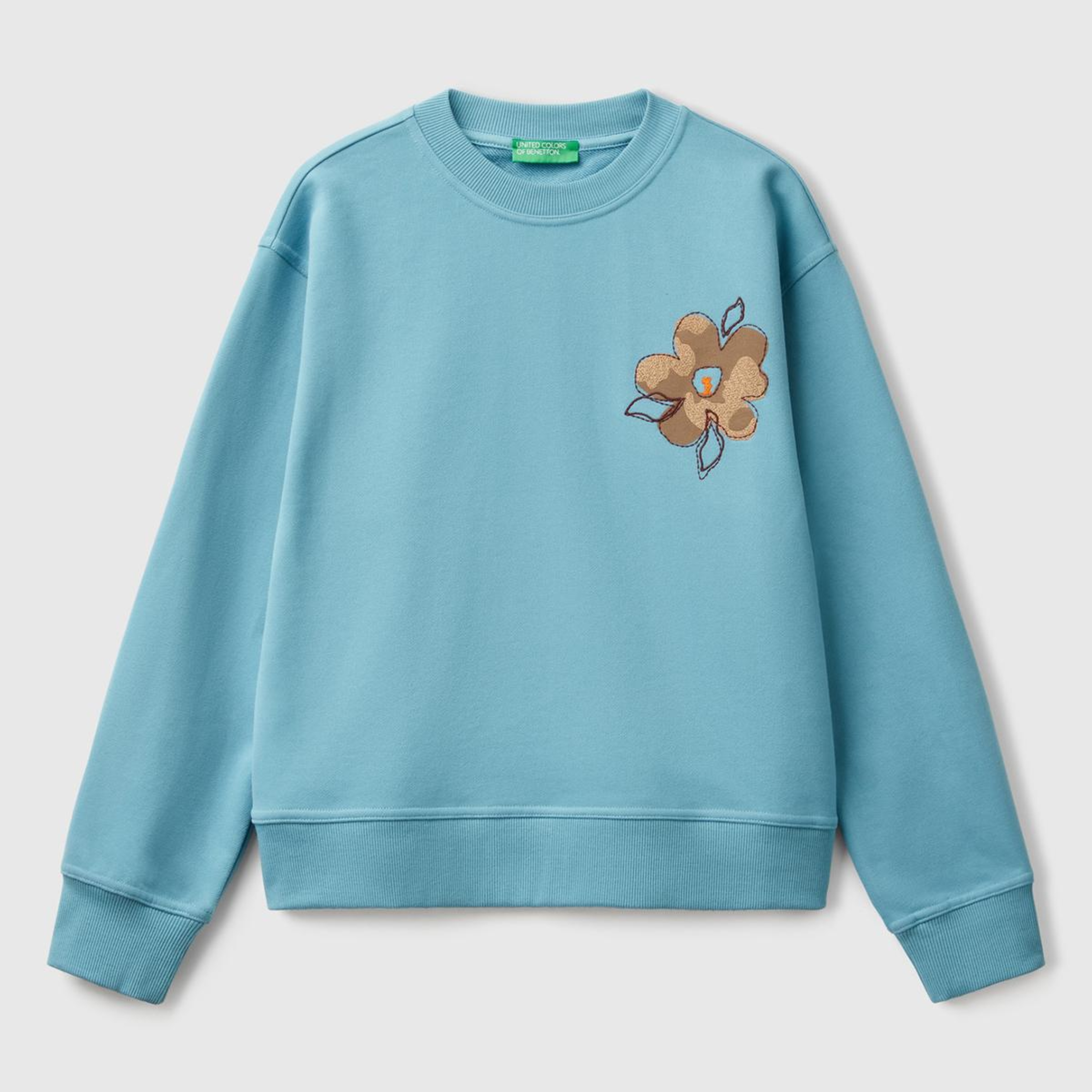 Kadın Mavi Koton Karışımlı Çiçek Desenli Sweatsihrt