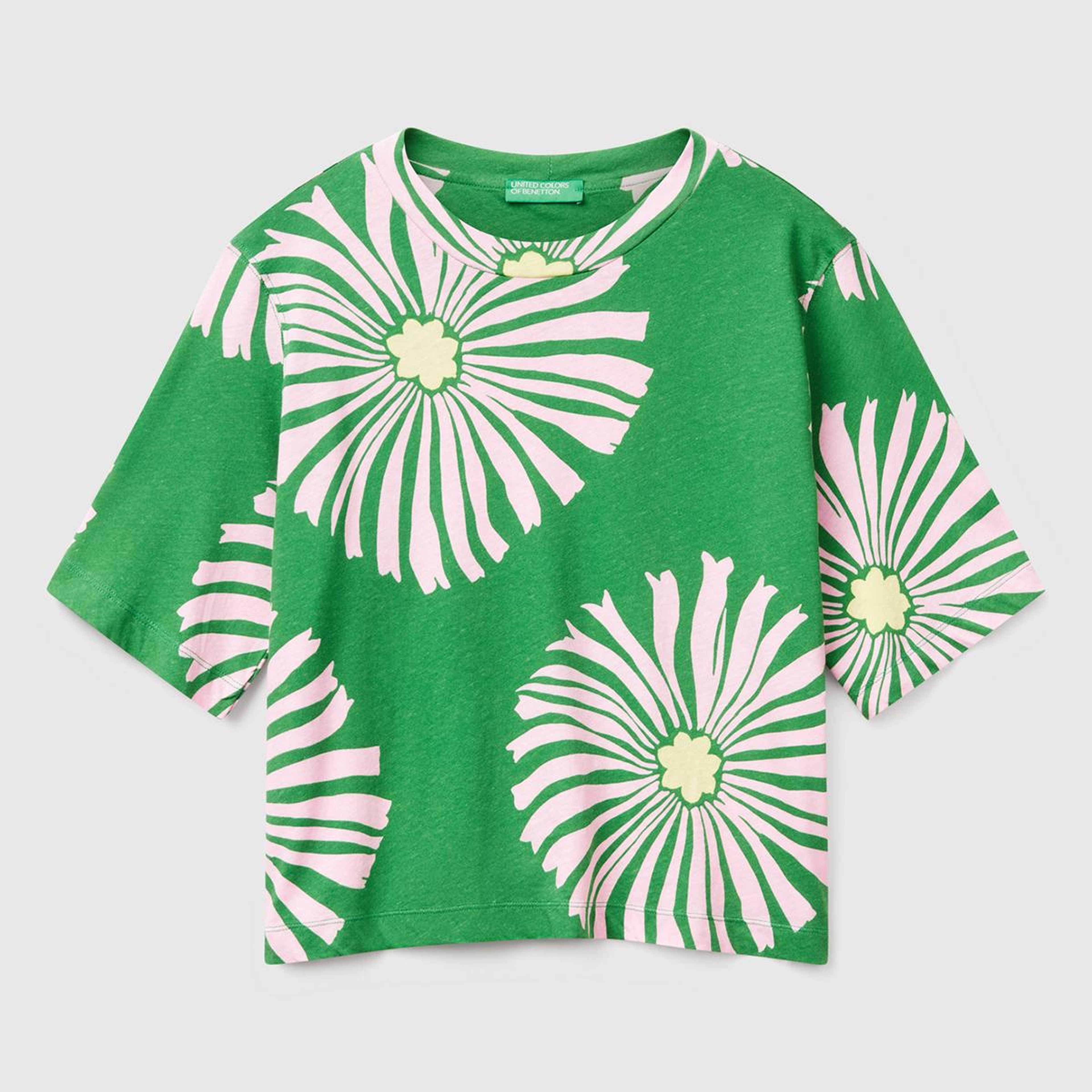 Kadın Yeşil Keten Karışımlı Boxy Fit Çiçek Desenli T-Shirt