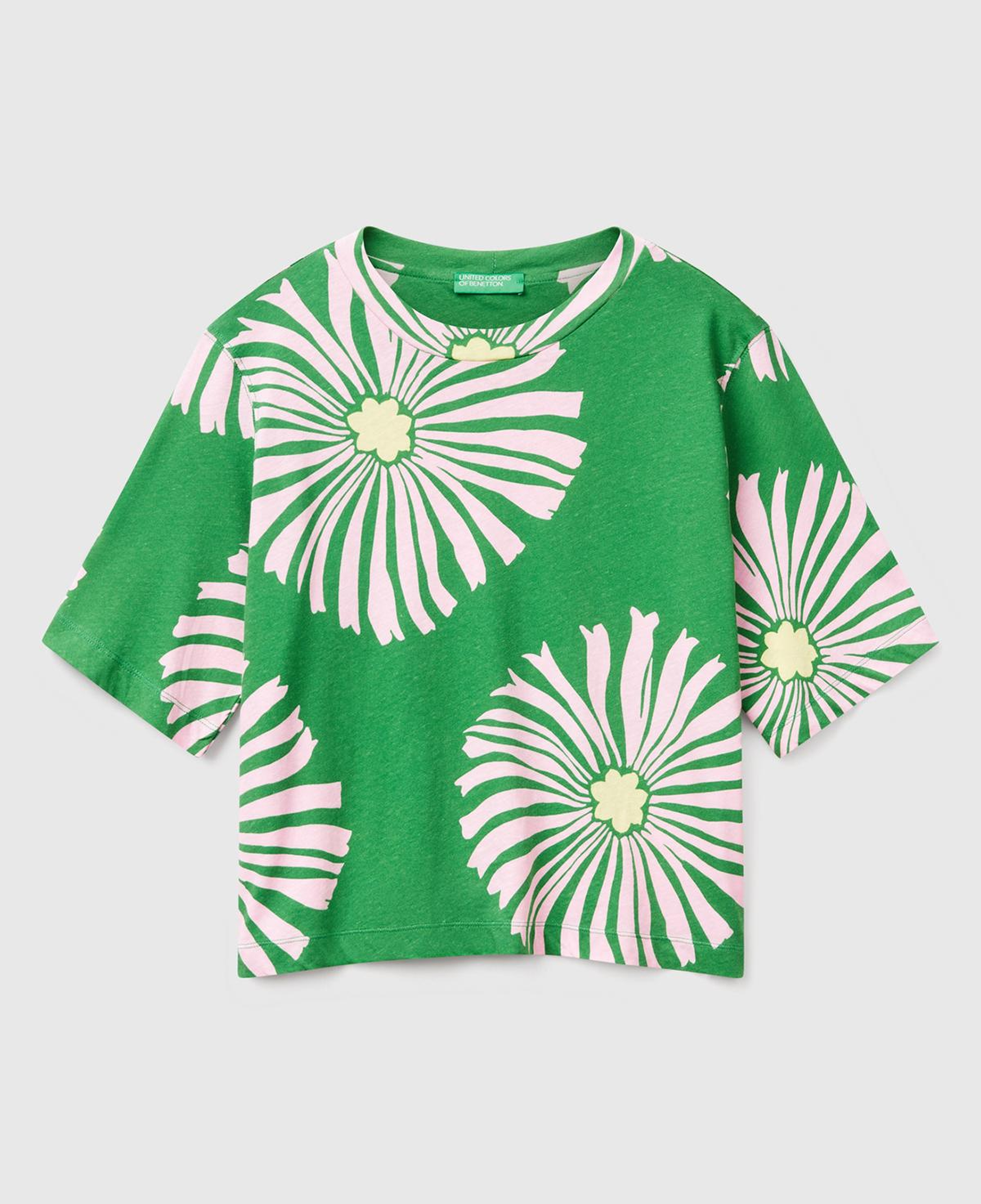 Kadın Yeşil Keten Karışımlı Boxy Fit Çiçek Desenli T-Shirt