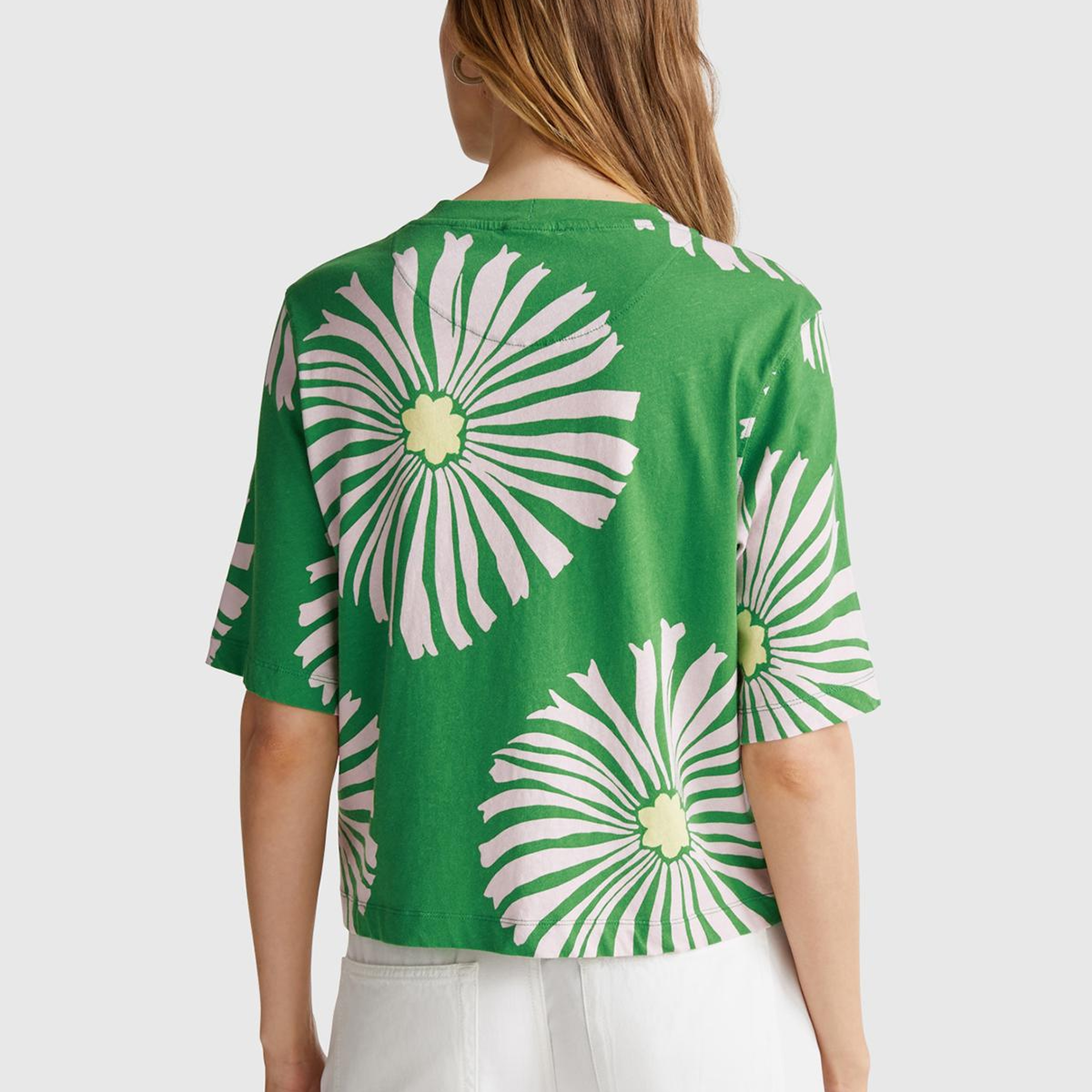 Kadın Yeşil Keten Karışımlı Boxy Fit Çiçek Desenli T-Shirt