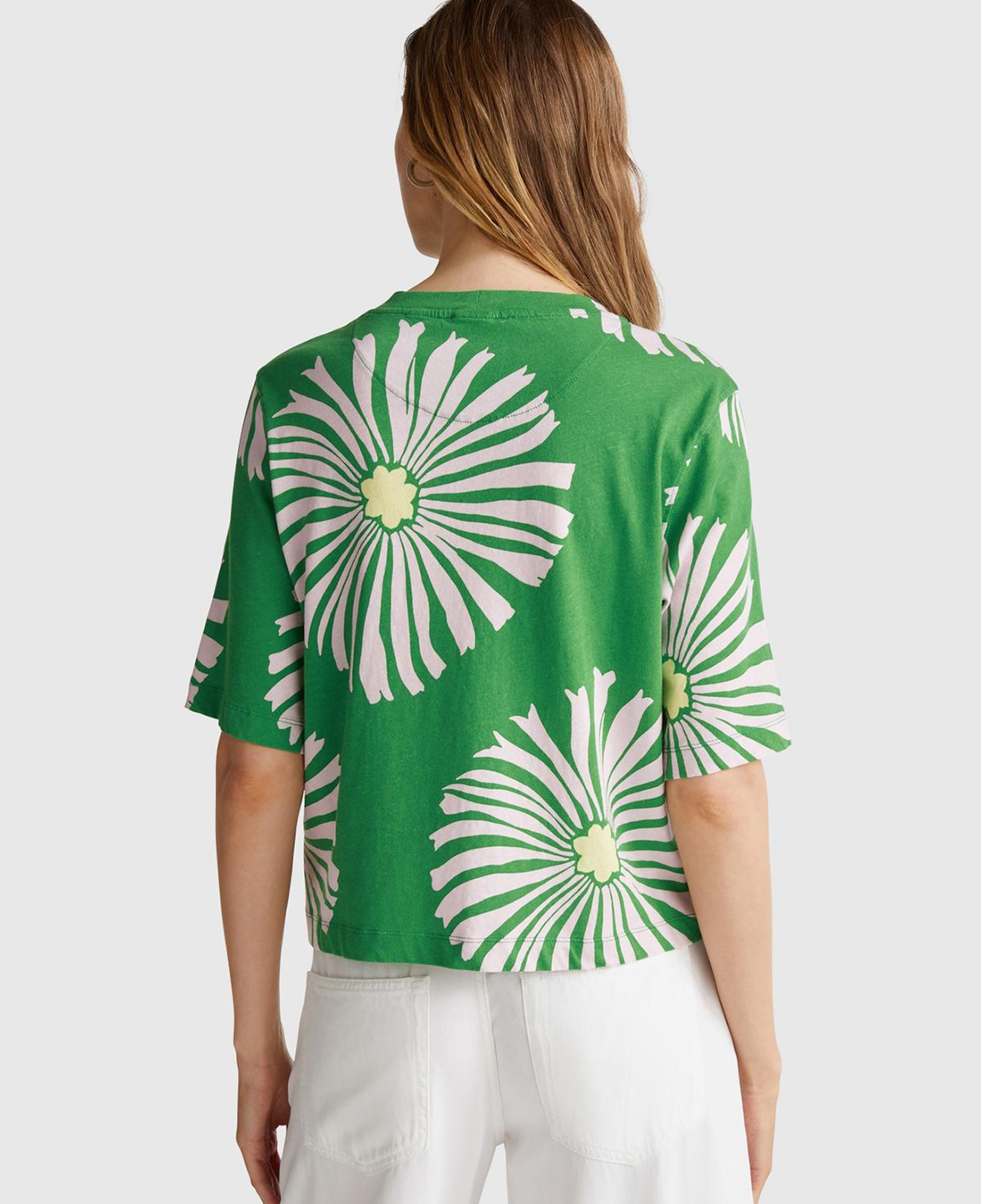 Kadın Yeşil Keten Karışımlı Boxy Fit Çiçek Desenli T-Shirt