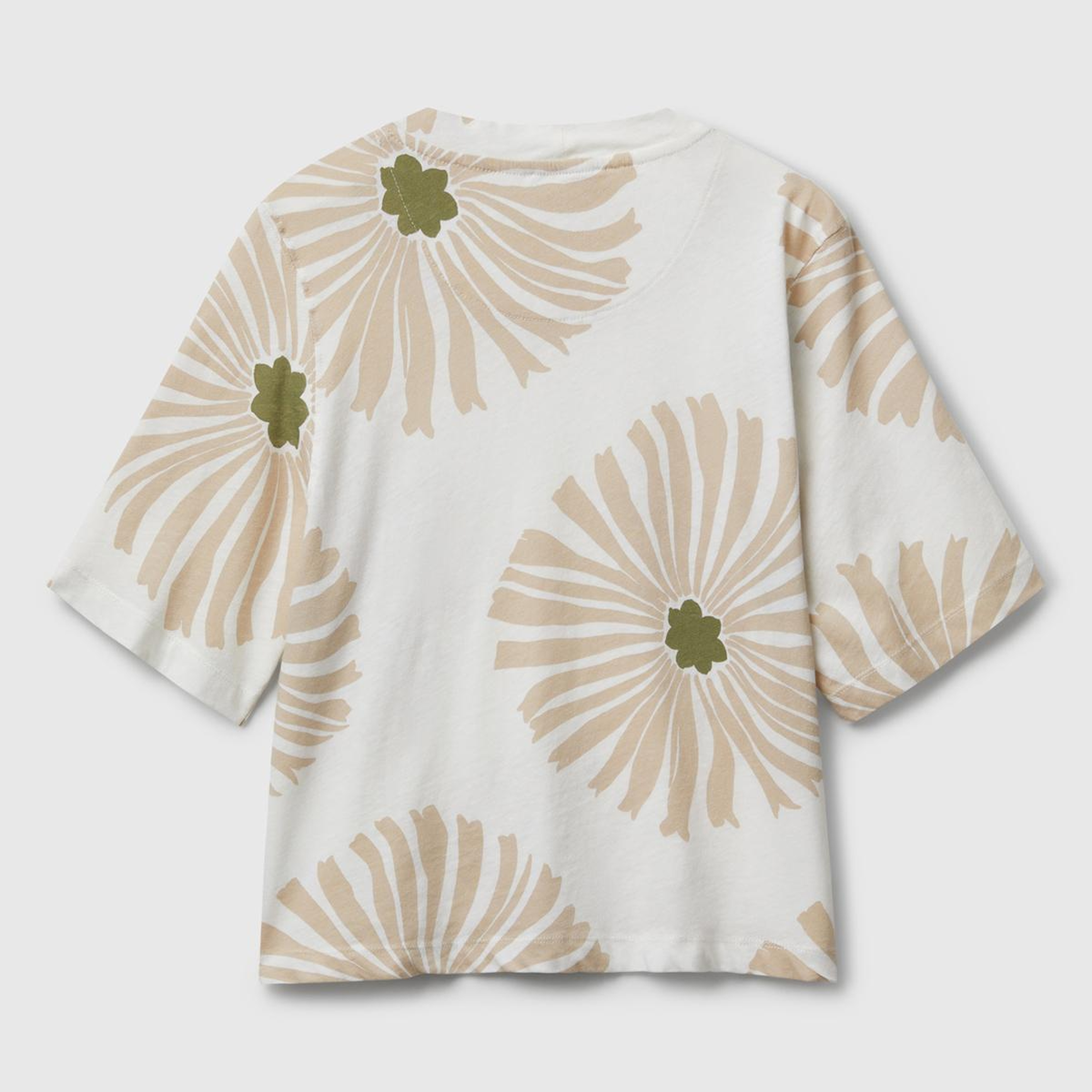 Kadın Krem Keten Karışımlı Boxy Fit Çiçek Desenli T-Shirt
