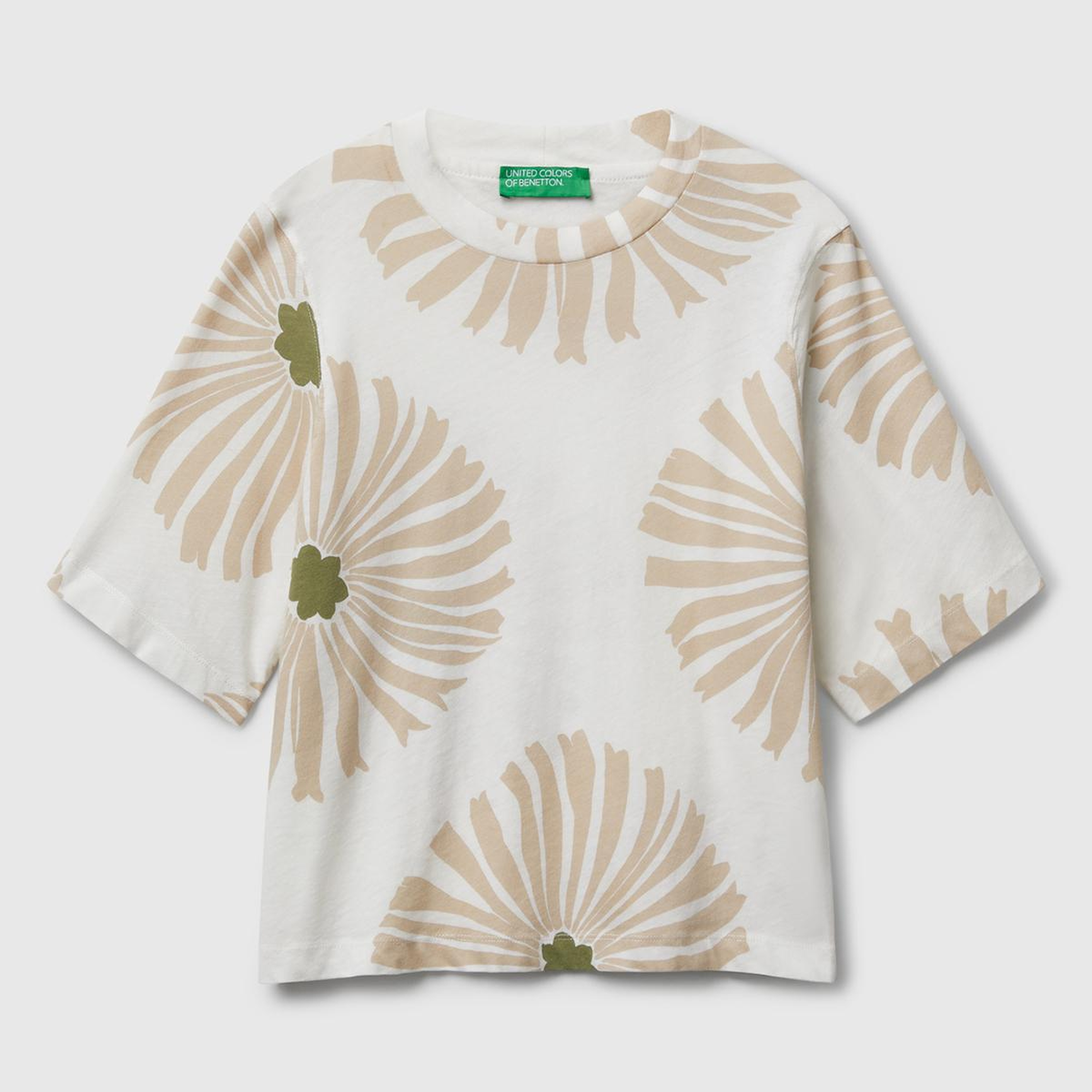 Kadın Krem Keten Karışımlı Boxy Fit Çiçek Desenli T-Shirt