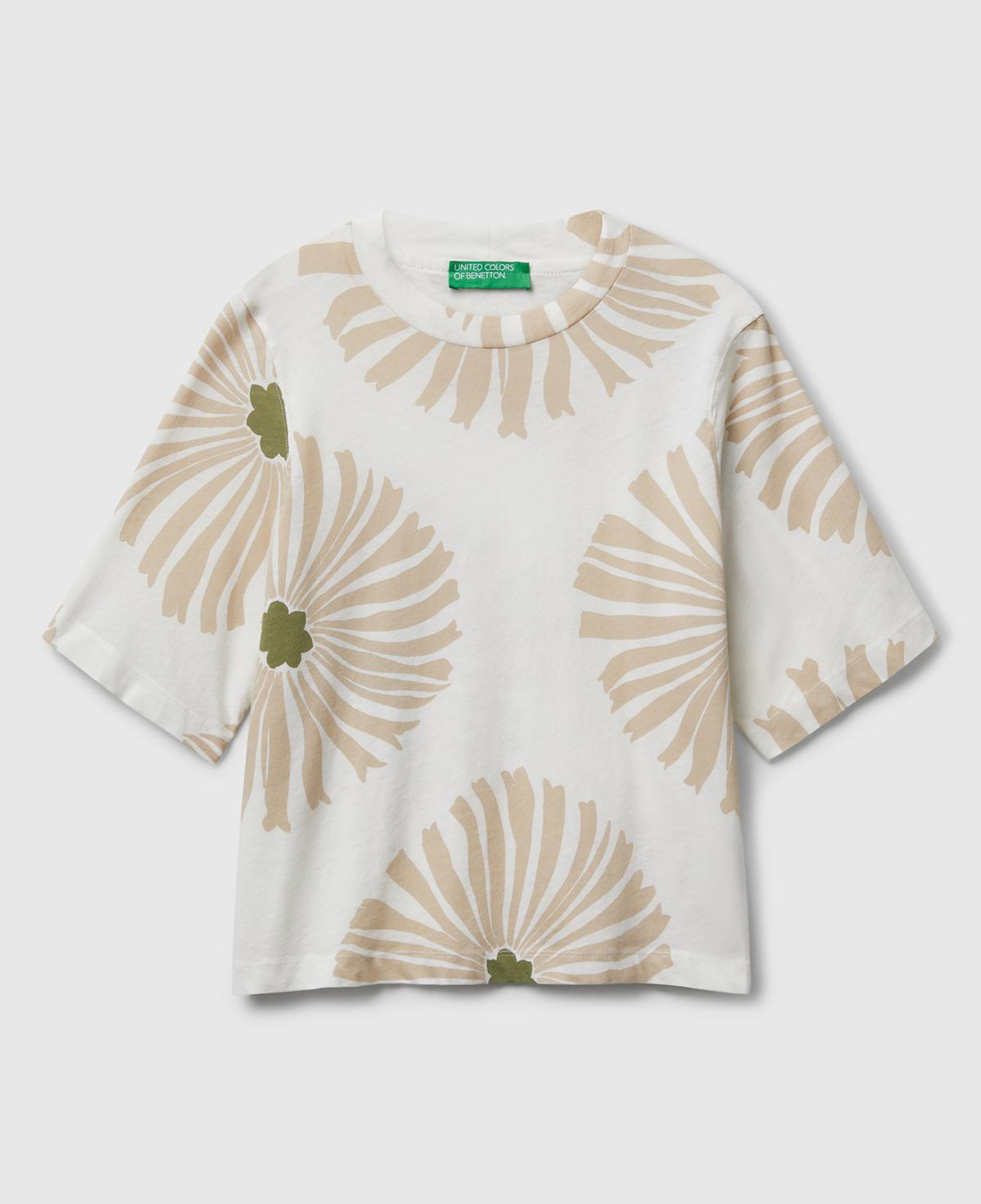 Kadın Krem Keten Karışımlı Boxy Fit Çiçek Desenli T-Shirt