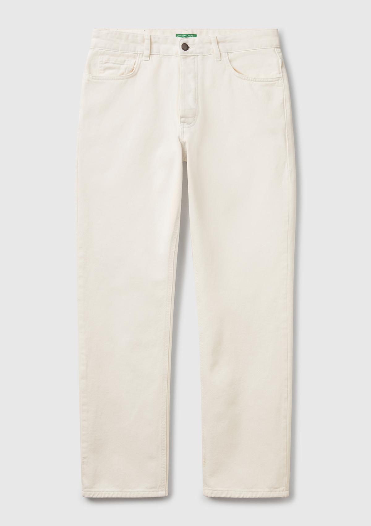 Erkek Beyaz %100 Pamuk Beli Logo Etiketli 5 Cepli Straight Fit Pantolon