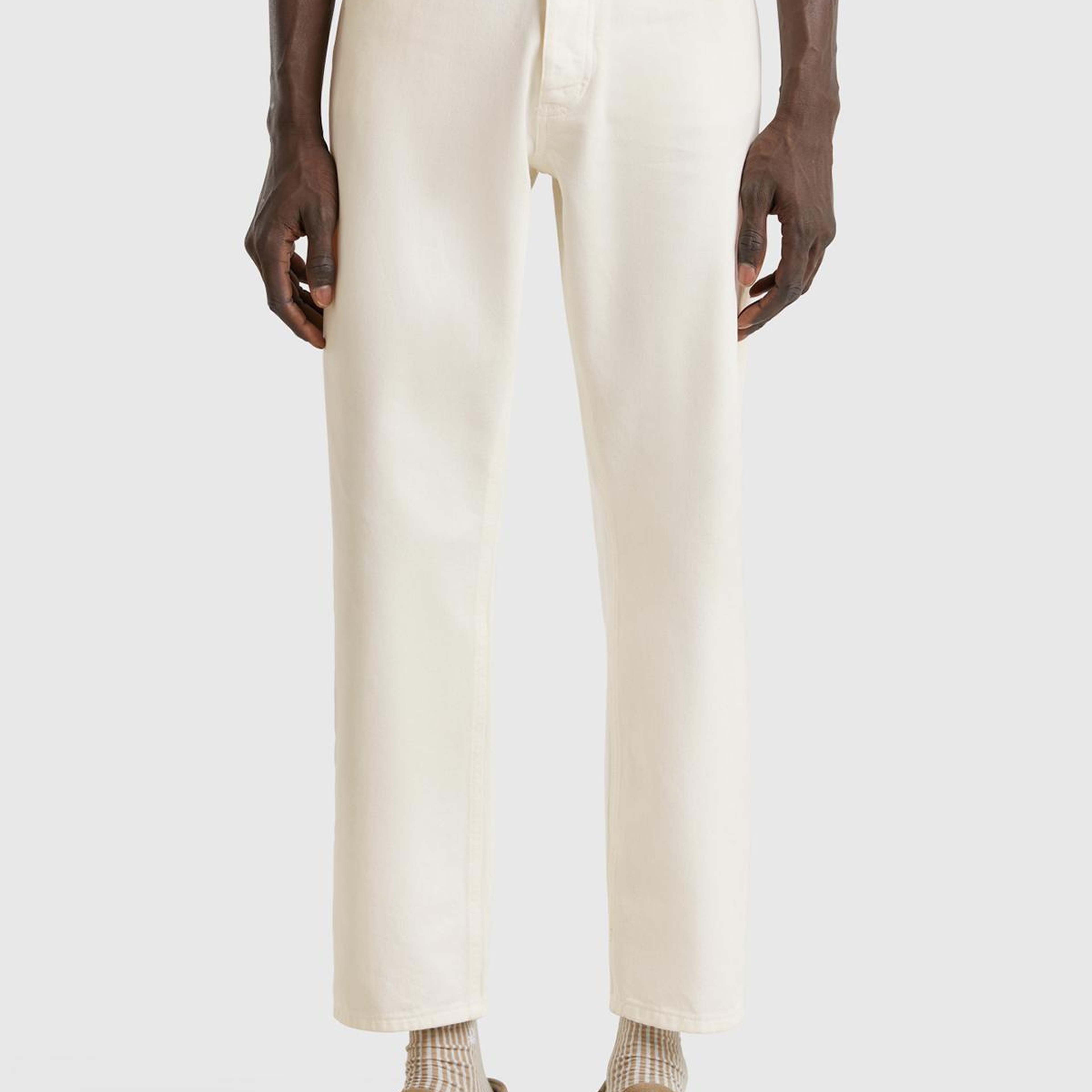 Erkek Beyaz %100 Pamuk Beli Logo Etiketli 5 Cepli Straight Fit Pantolon