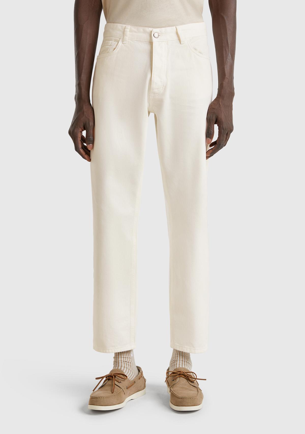 Erkek Beyaz %100 Pamuk Beli Logo Etiketli 5 Cepli Straight Fit Pantolon