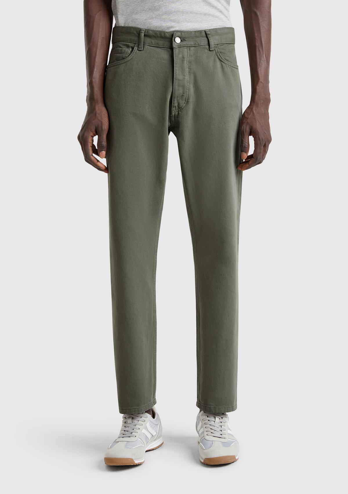 Erkek Soluk Yeşil %100 Pamuk Beli Logo Etiketli 5 Cepli Straight Fit Pantolon