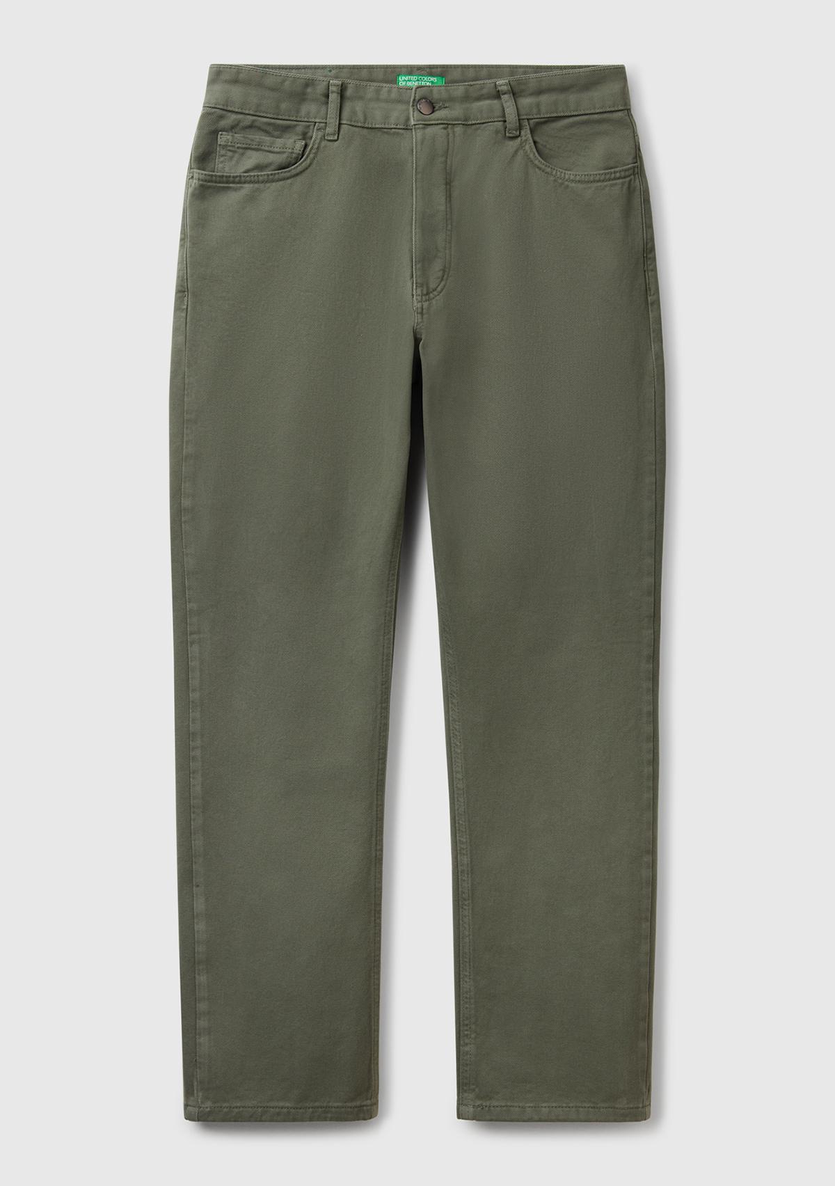 Erkek Soluk Yeşil %100 Pamuk Beli Logo Etiketli 5 Cepli Straight Fit Pantolon