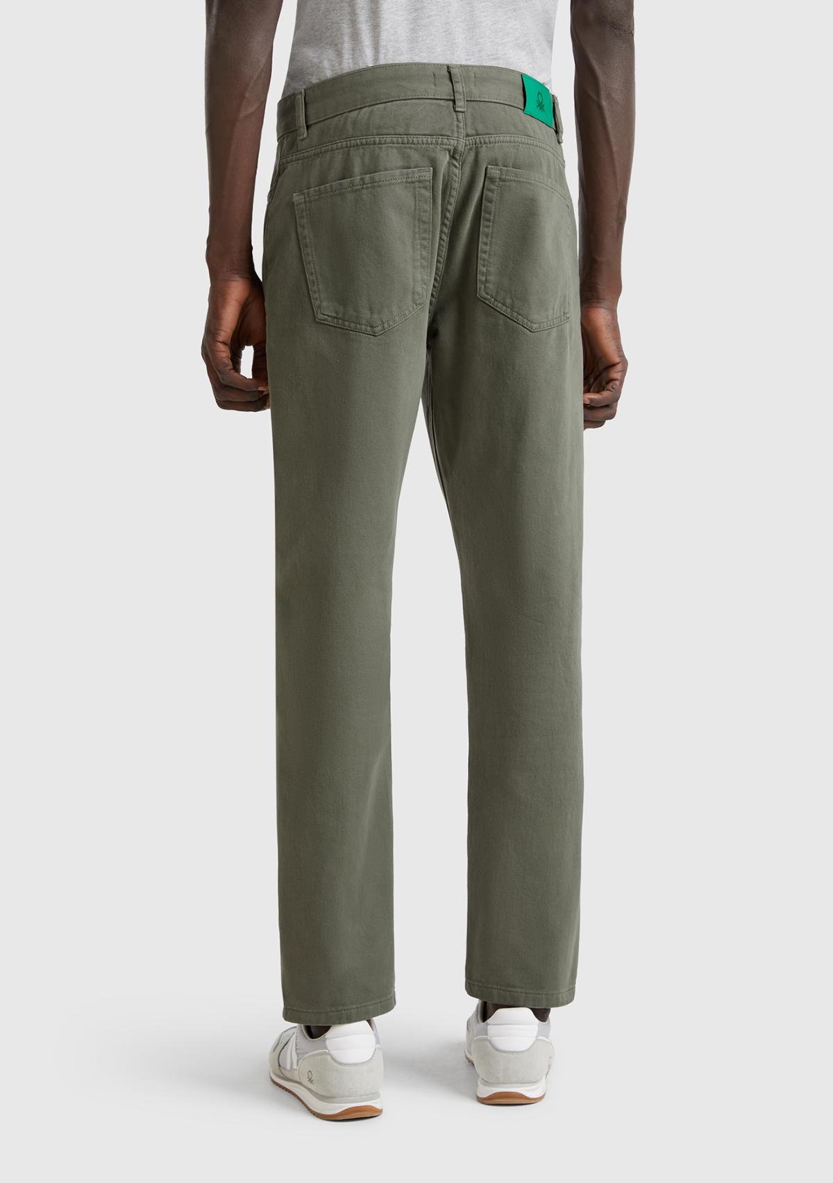 Erkek Soluk Yeşil %100 Pamuk Beli Logo Etiketli 5 Cepli Straight Fit Pantolon