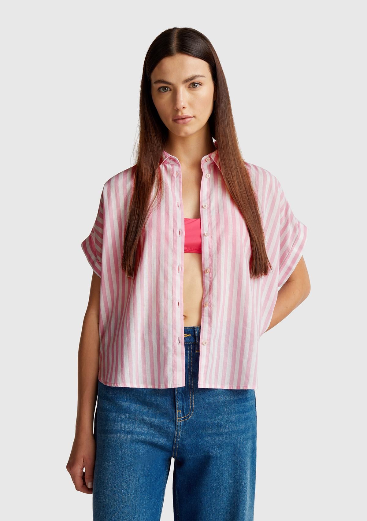 Kadın Pembe Keten Karışımlı Çizgili Kimono Kol Gömlek