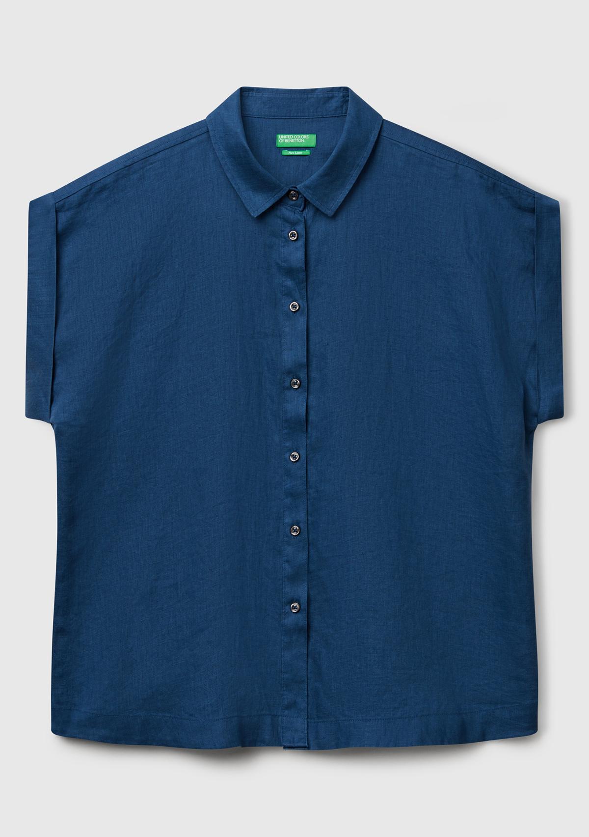 Kadın Denim %100 Keten Omuz Detaylı Kısa Kollu Gömlek