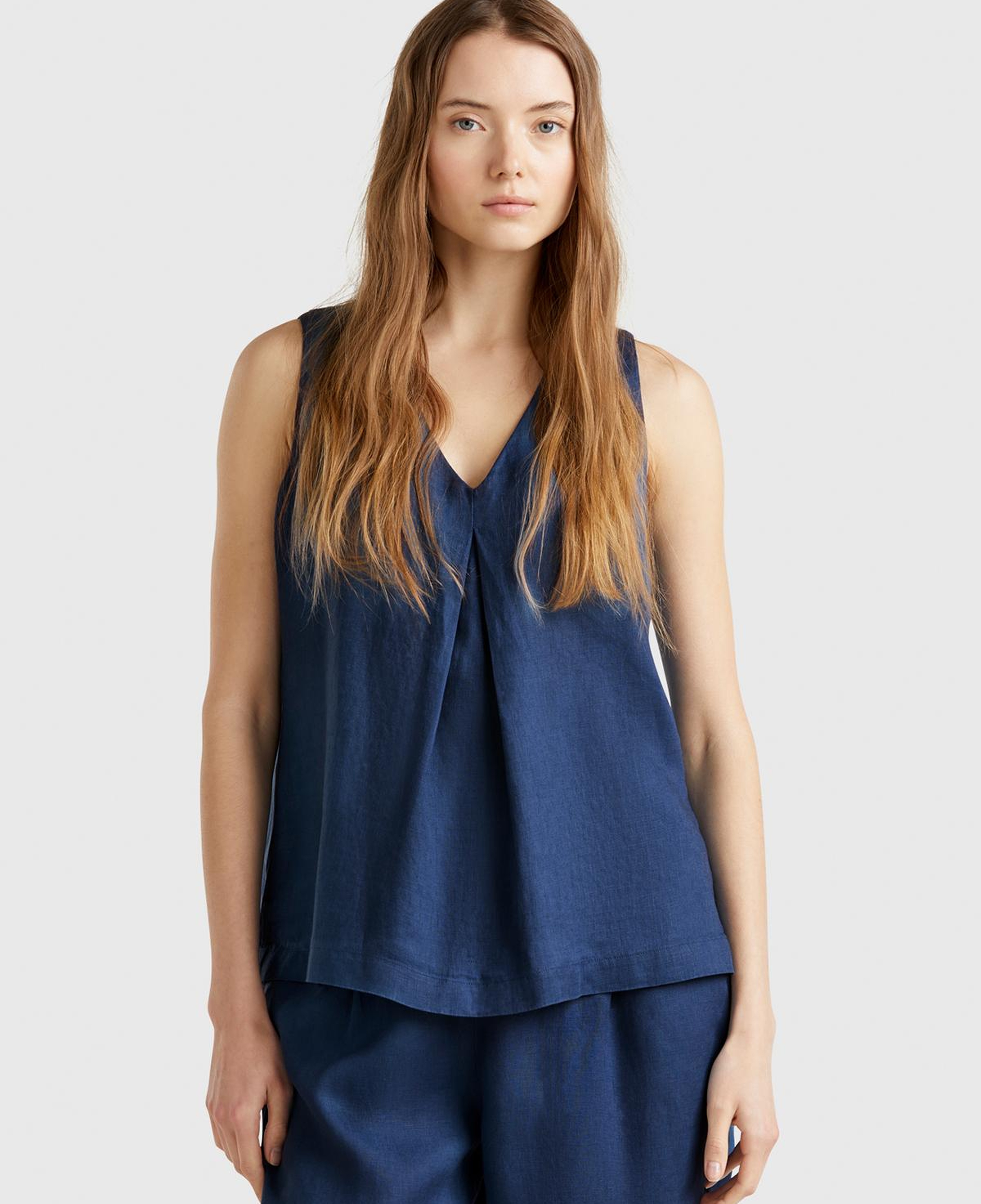 Kadın Denim %100 Keten V Yaka Kolsuz Geniş Kesim Bluz