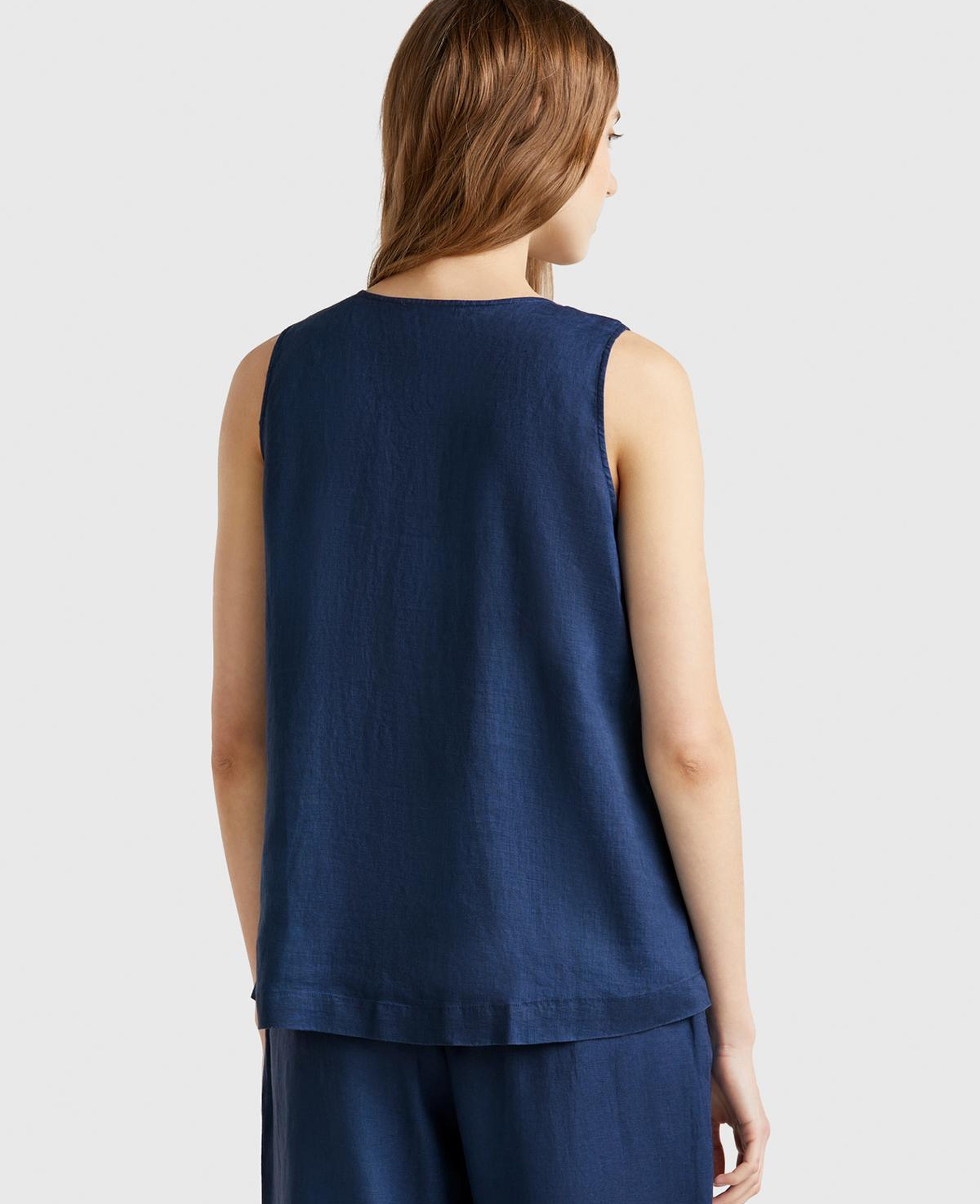 Kadın Denim %100 Keten V Yaka Kolsuz Geniş Kesim Bluz