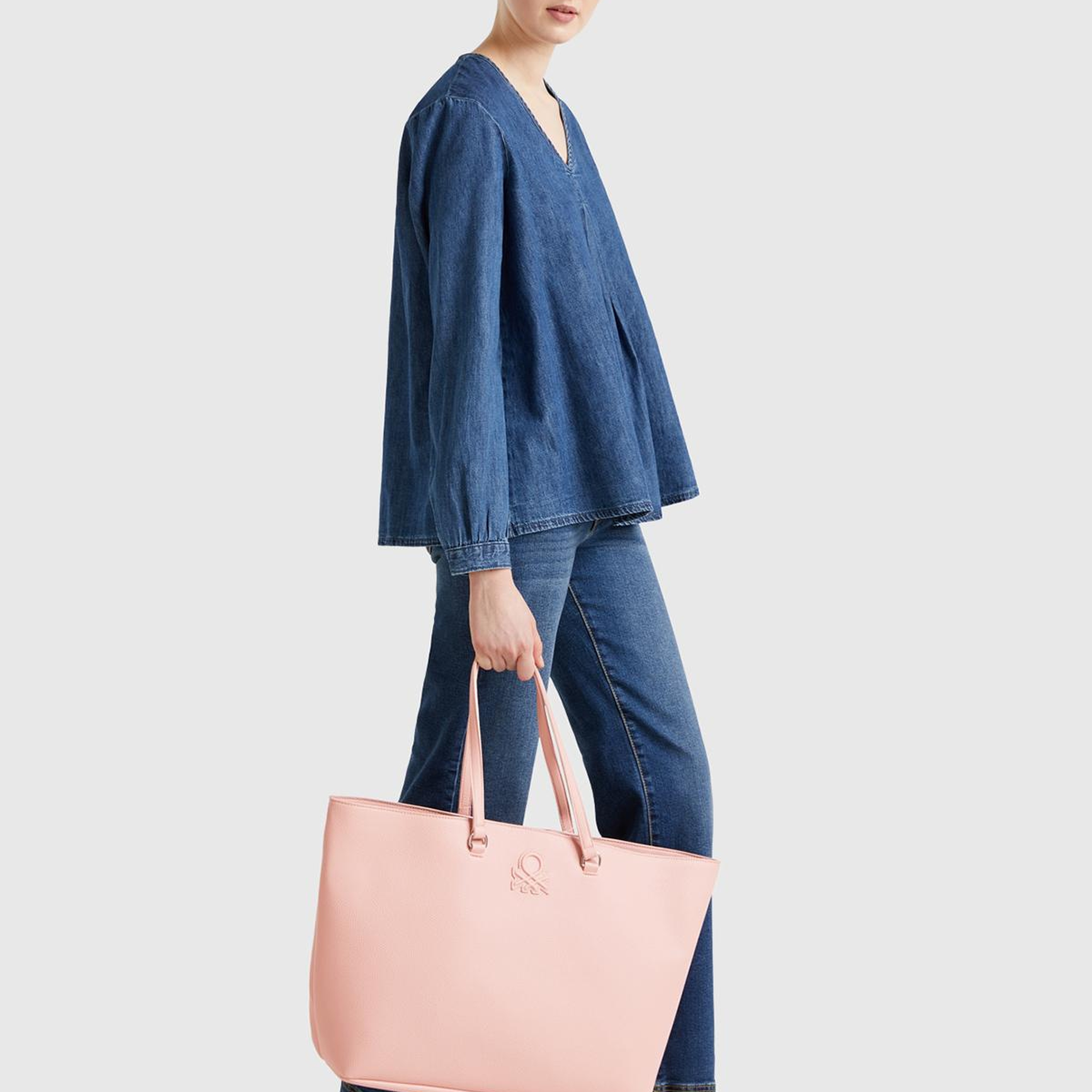 Kadın Pembe Eskitme Efektli Kabartma Logolu Fermuarlı Geniş Tote Çanta