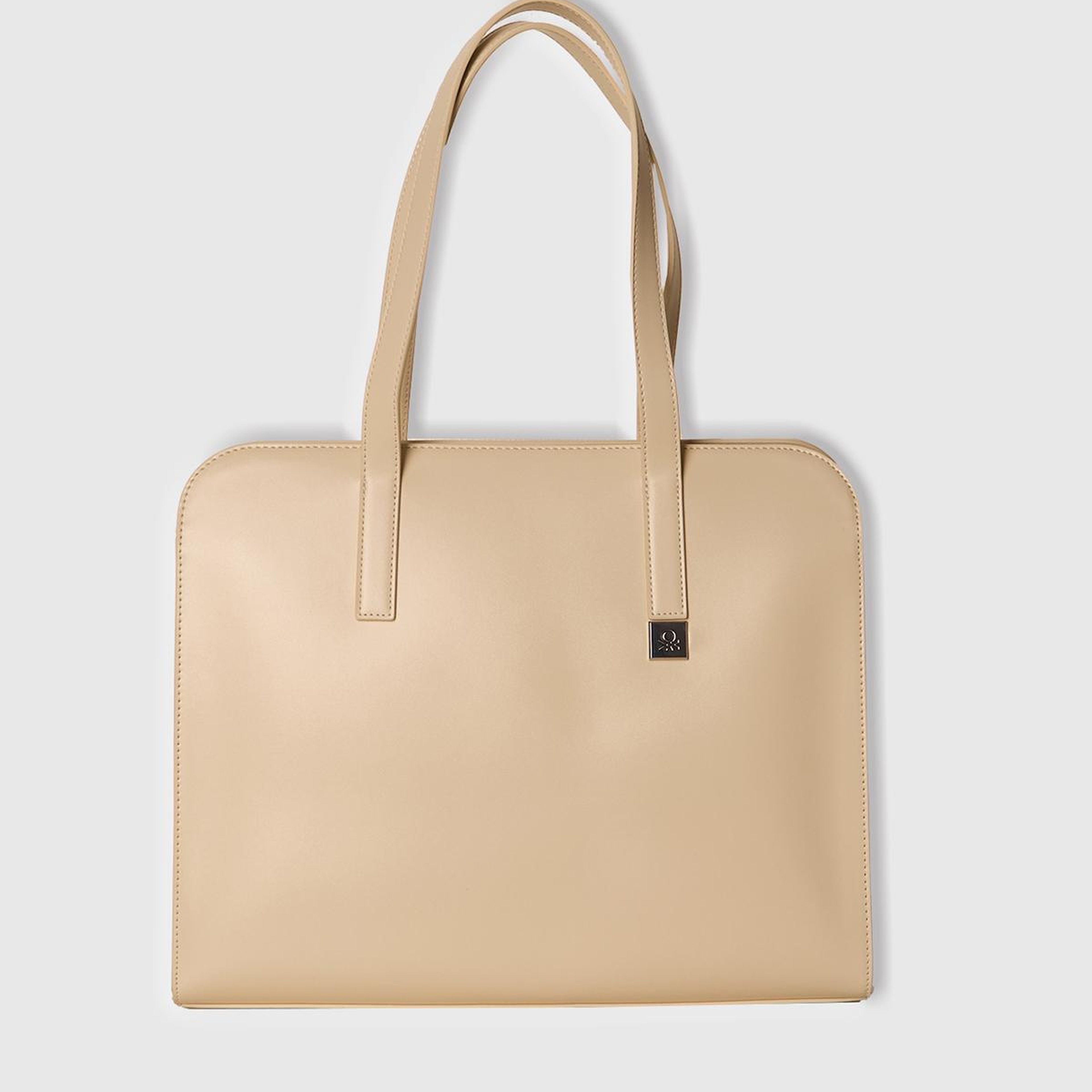 Kadın Taş Rengi Logo Detaylı Metal Plakalı Fermuarlı Geniş Tote Çanta