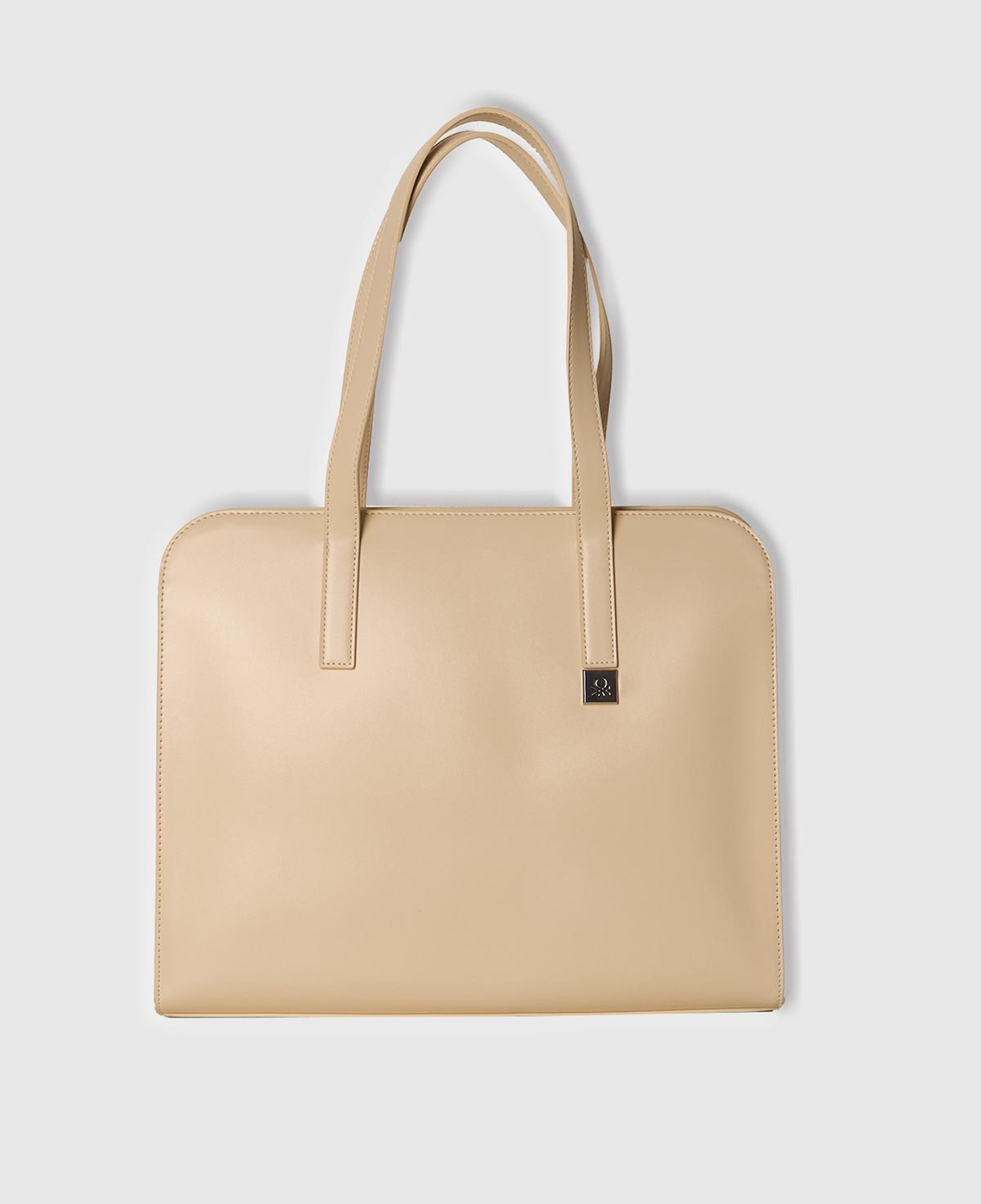 Kadın Taş Rengi Logo Detaylı Metal Plakalı Fermuarlı Geniş Tote Çanta