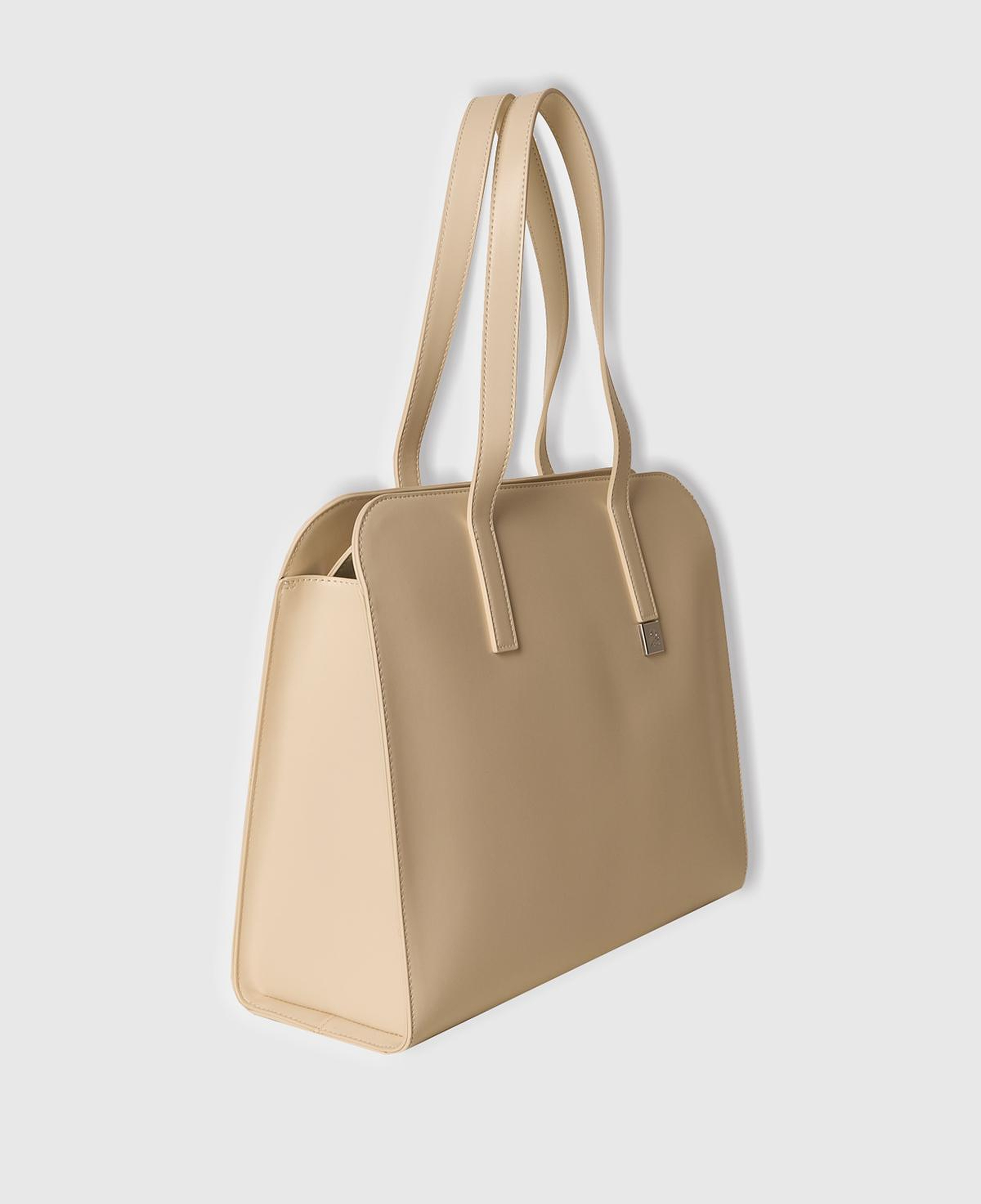 Kadın Taş Rengi Logo Detaylı Metal Plakalı Fermuarlı Geniş Tote Çanta