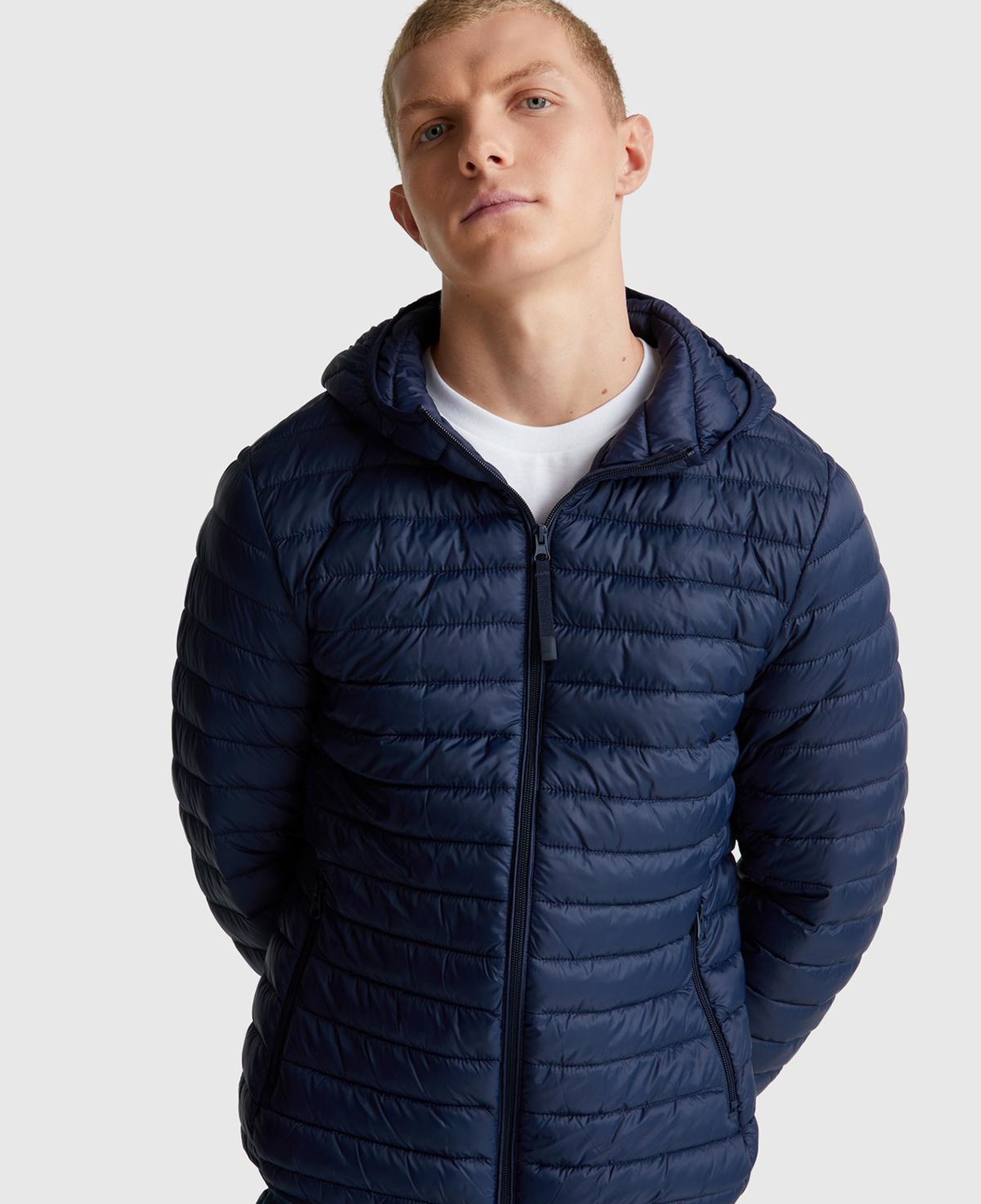 Erkek Lacivert Polyester Dolgulu Regular Fit Kapüşonlu Puffer Mont