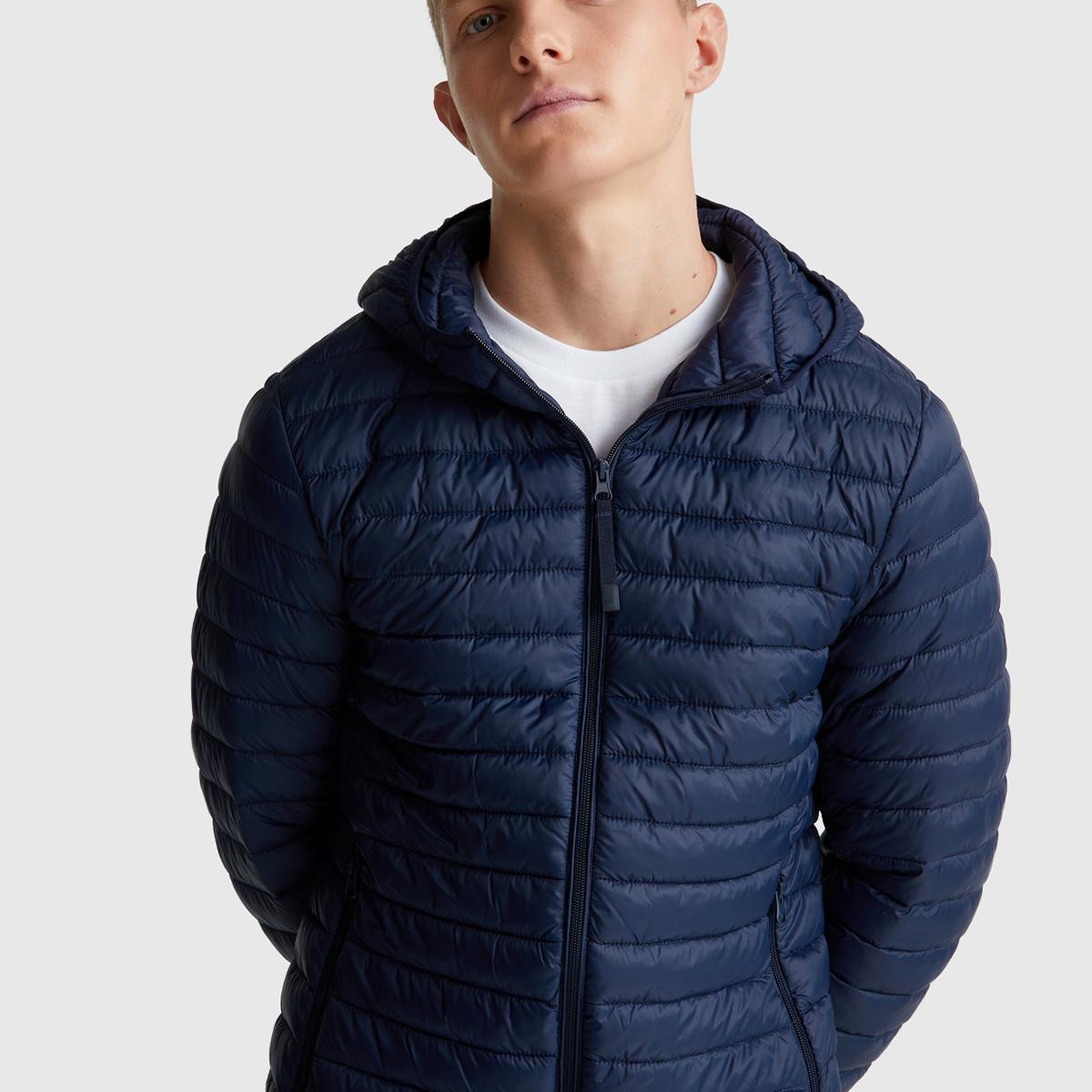 Erkek Lacivert Polyester Dolgulu Regular Fit Kapüşonlu Puffer Mont