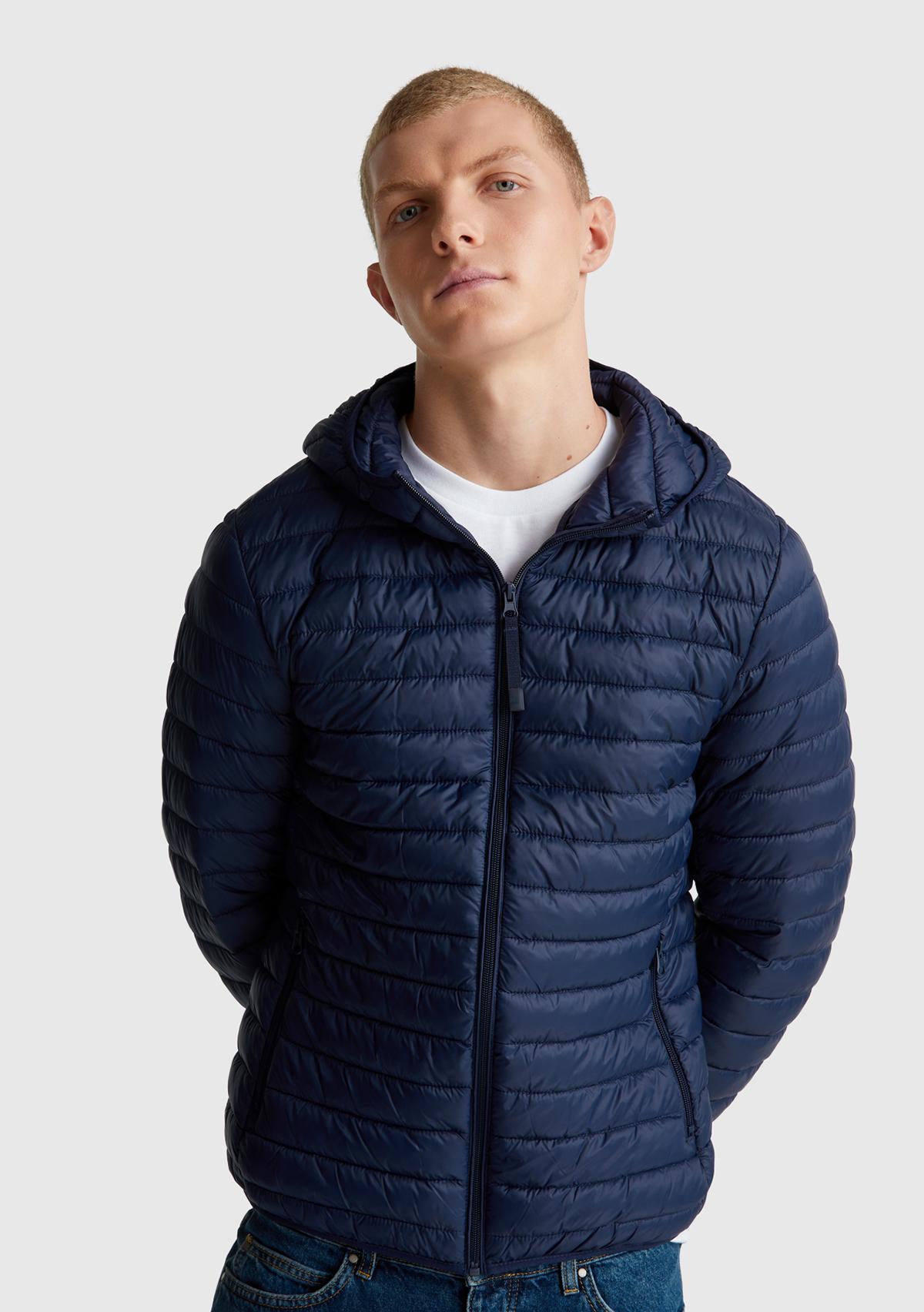 Erkek Lacivert Polyester Dolgulu Regular Fit Kapüşonlu Puffer Mont