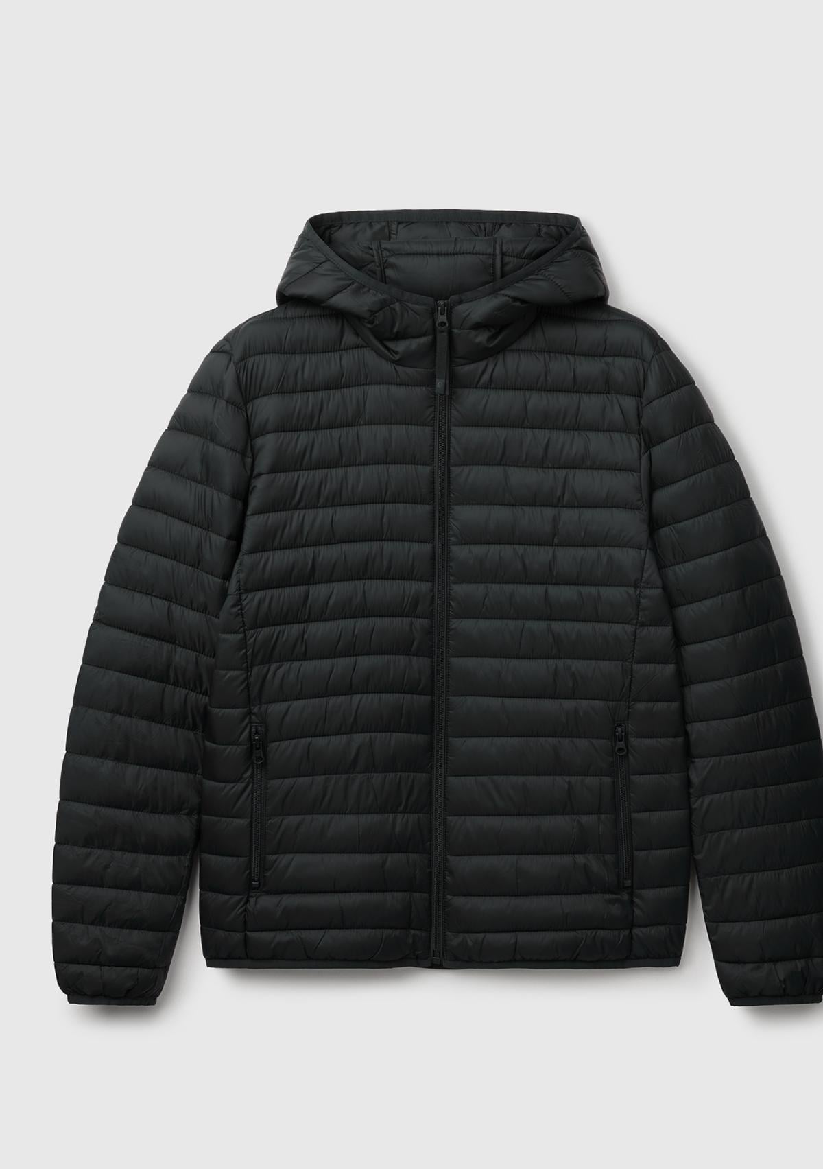 Erkek Siyah Polyester Dolgulu Regular Fit Kapüşonlu Puffer Mont