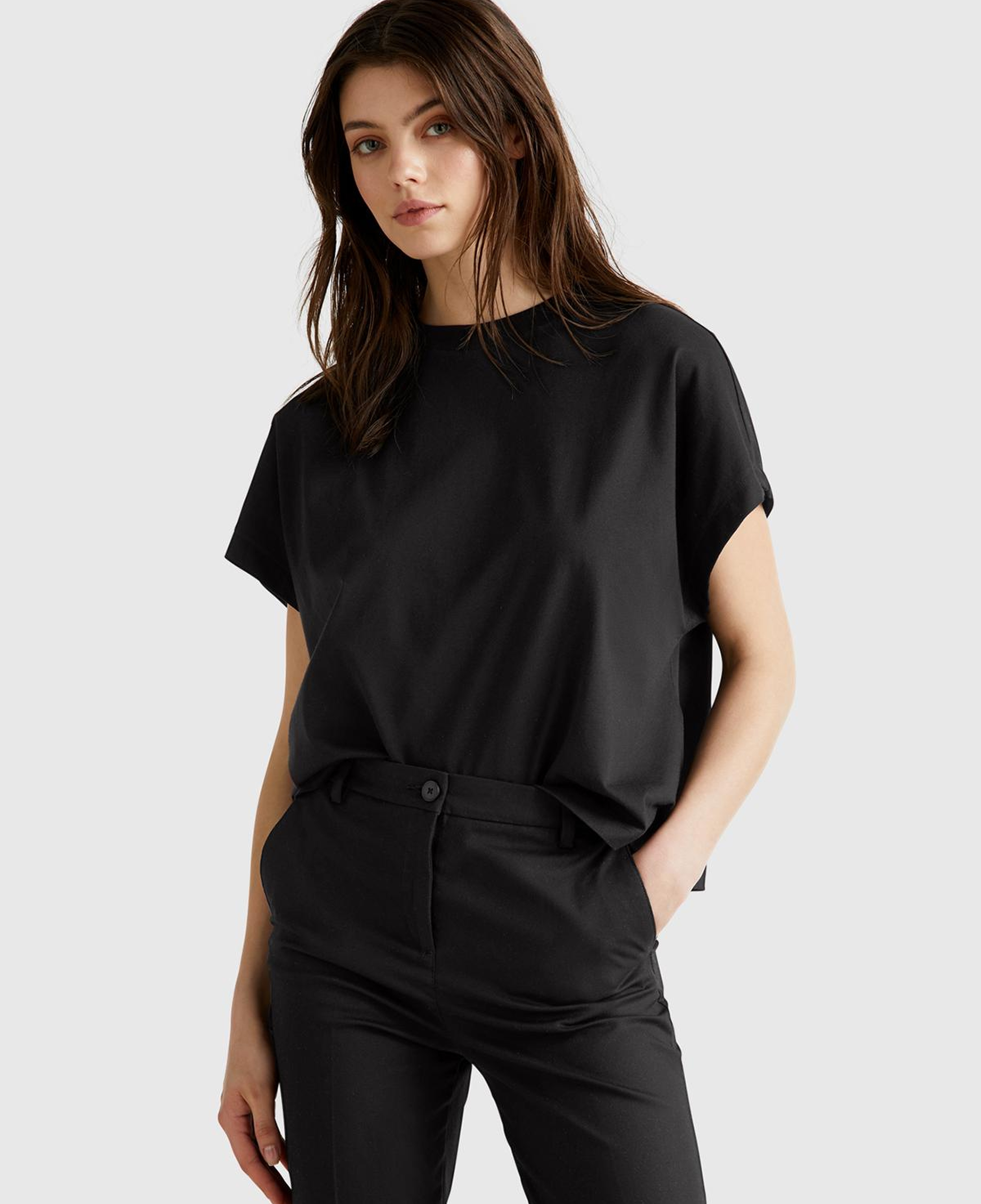 Kadın Siyah %100 Pamuk Kimono Kol Detaylı Bisiklet Yaka T-Shirt