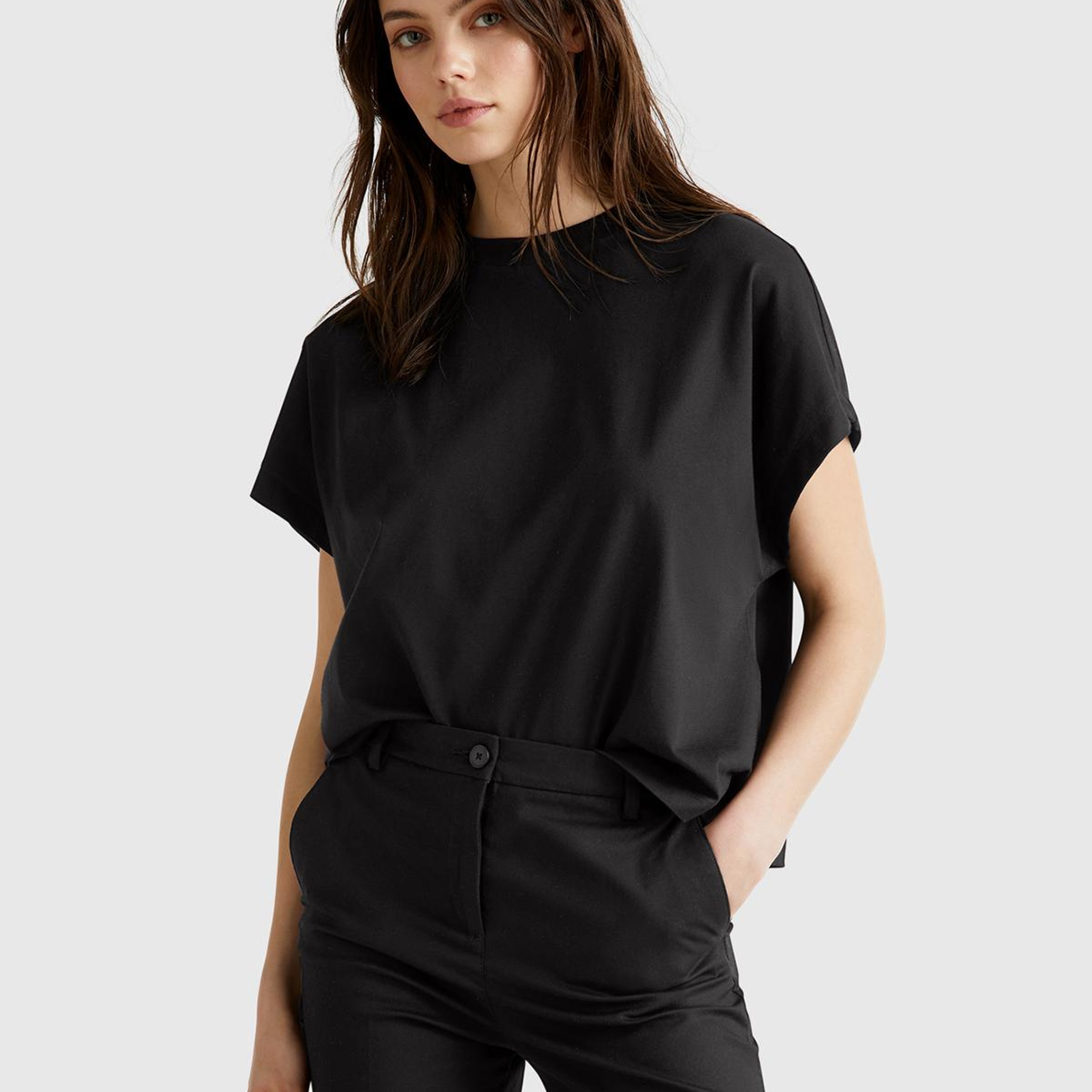 Kadın Siyah %100 Pamuk Kimono Kol Detaylı Bisiklet Yaka T-Shirt