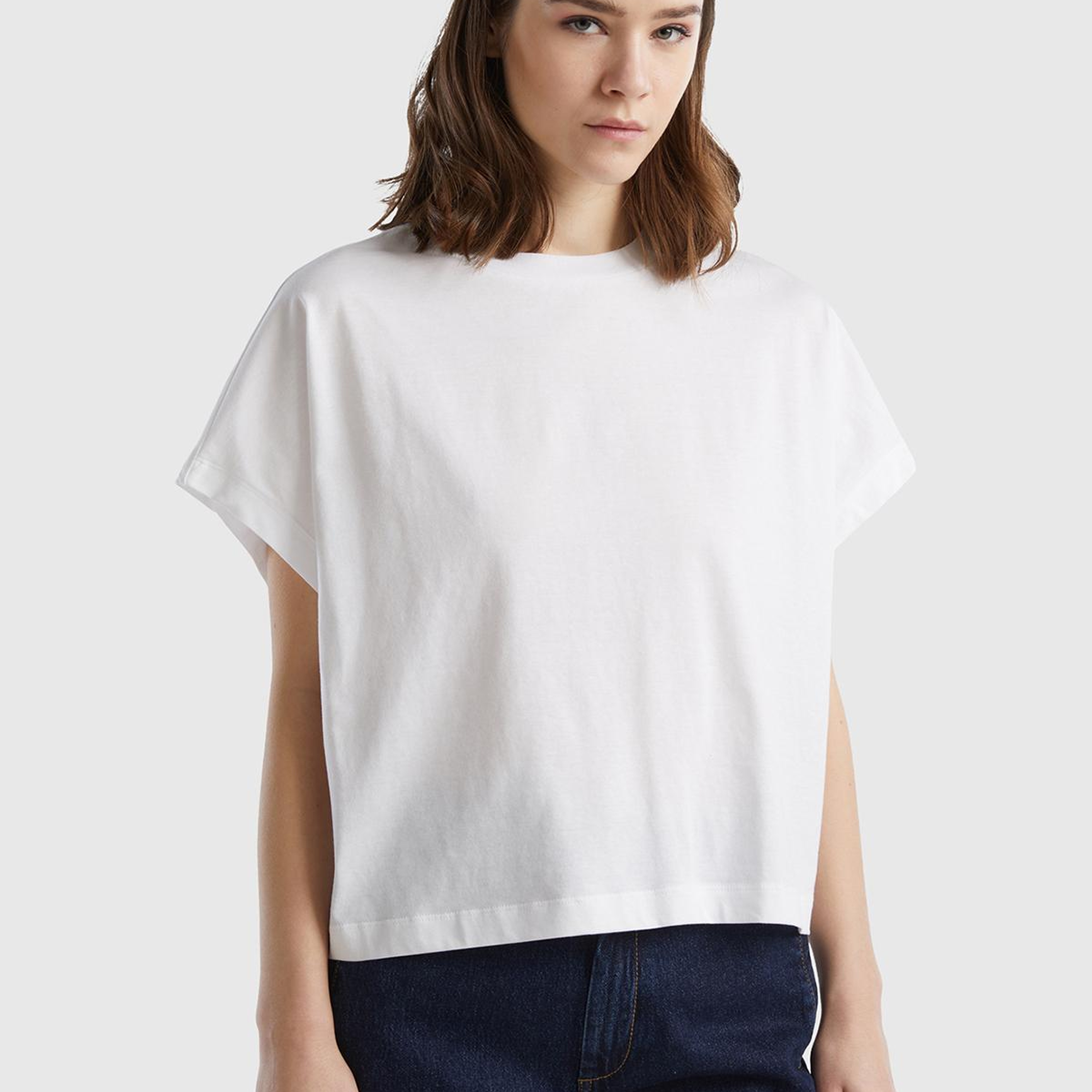 Kadın Beyaz %100 Pamuk Kimono Kol Detaylı Bisiklet Yaka T-Shirt