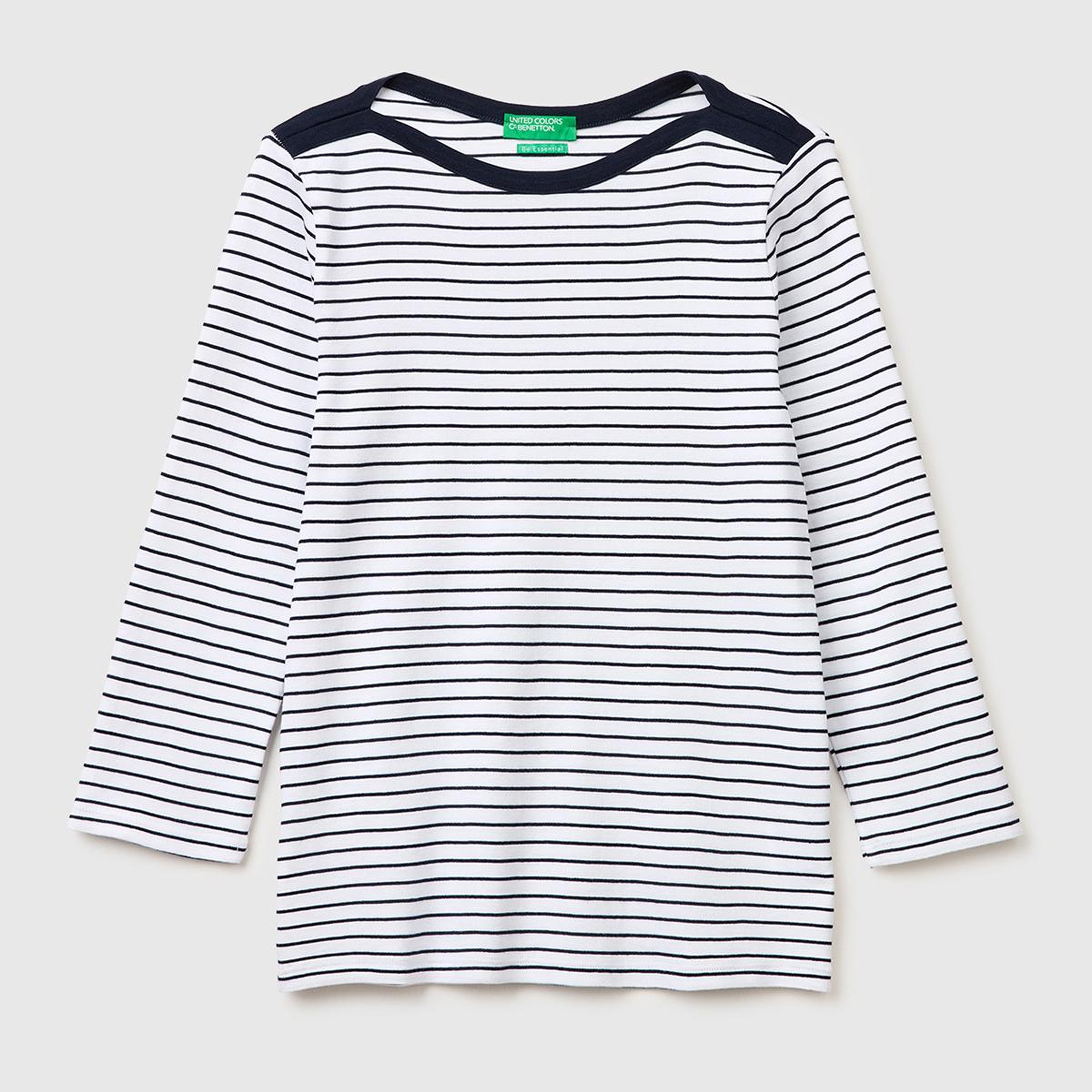 Kadın Mavi %100 Pamuk Çizgili Logolu Kayık Yaka Truvakar Kol T-Shirt