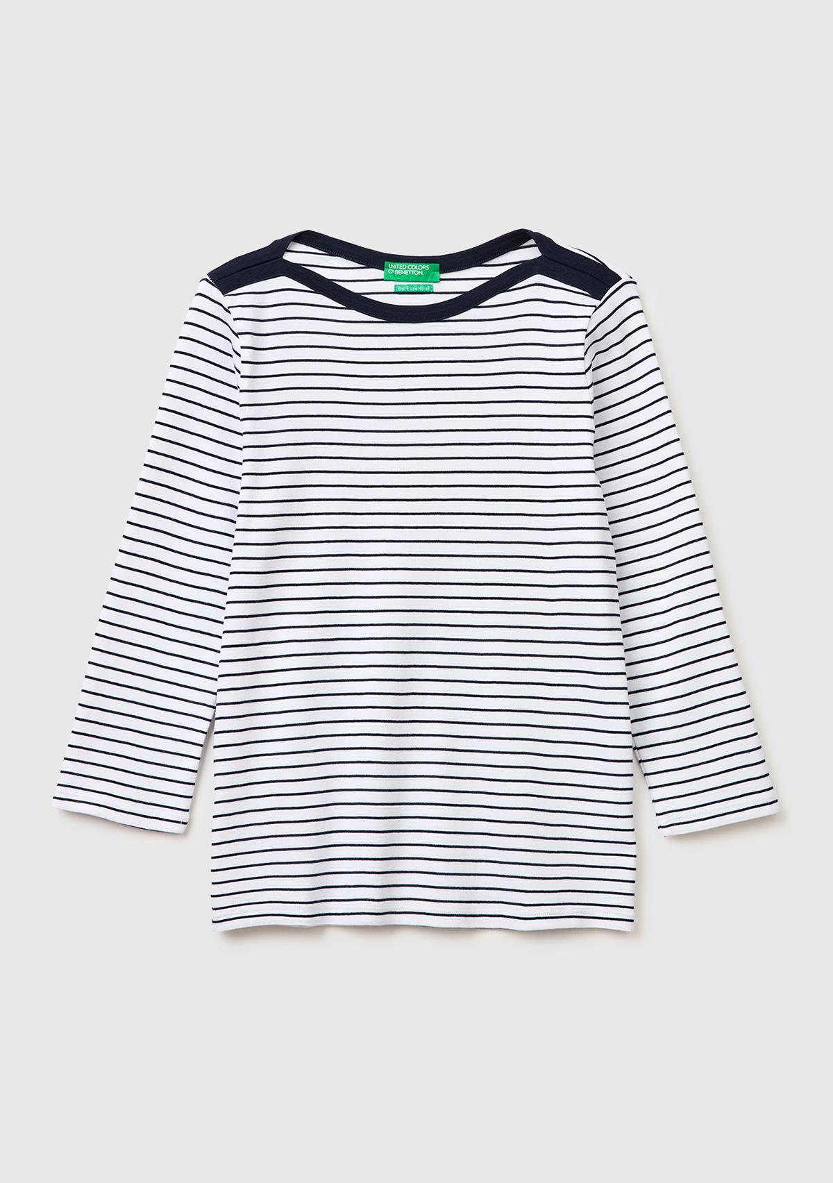 Kadın Mavi %100 Pamuk Çizgili Logolu Kayık Yaka Truvakar Kol T-Shirt