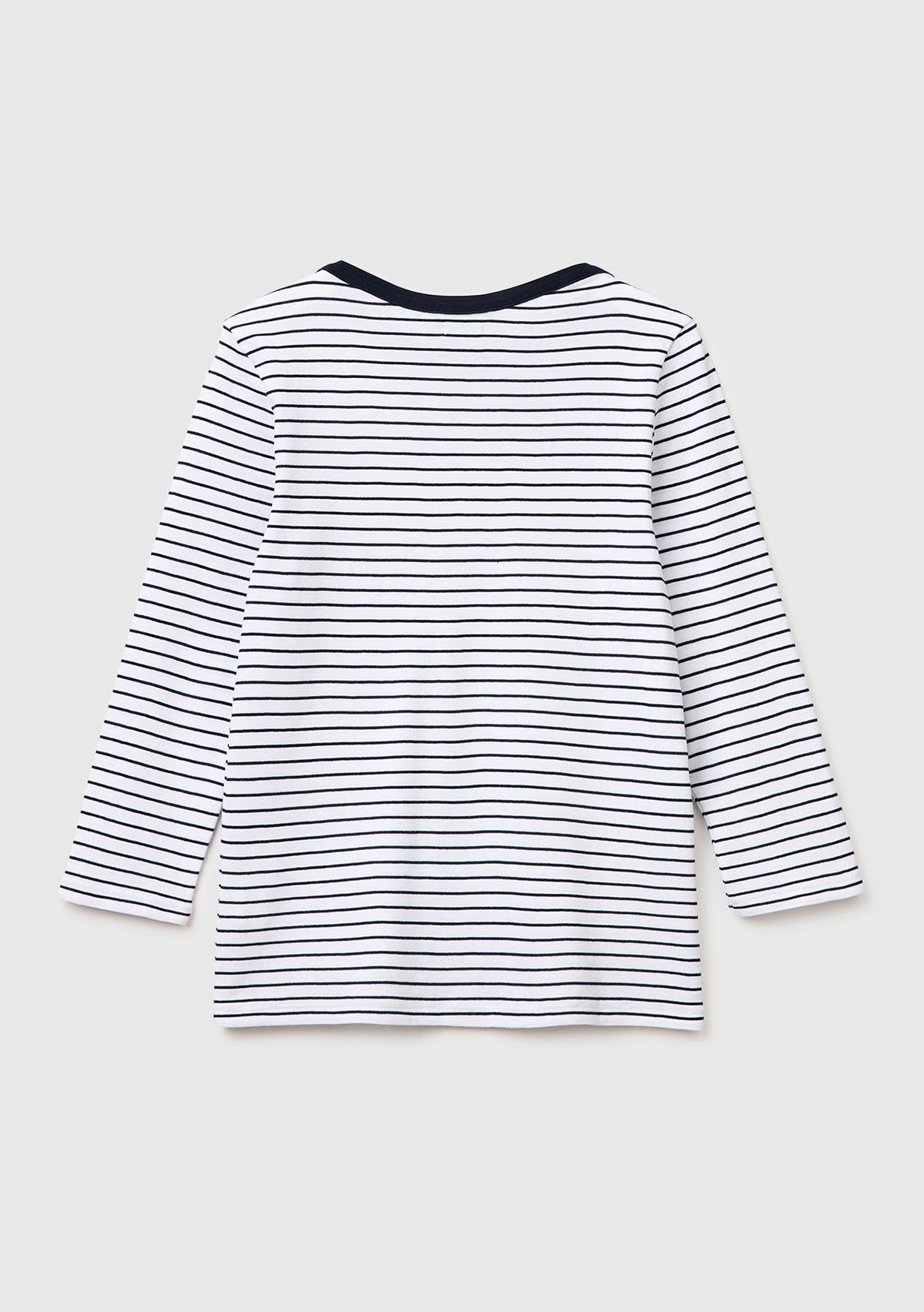 Kadın Mavi %100 Pamuk Çizgili Logolu Kayık Yaka Truvakar Kol T-Shirt