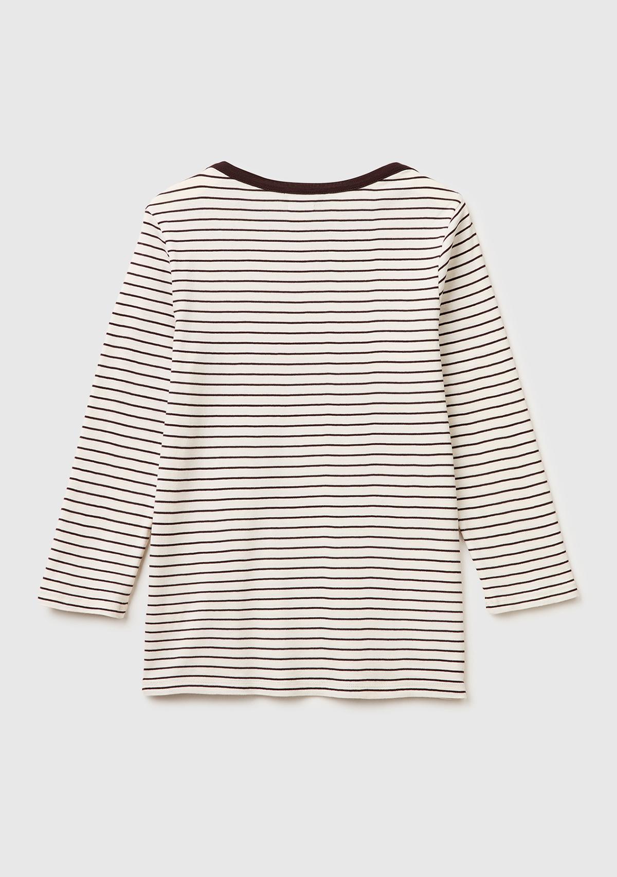 Kadın Bej %100 Pamuk Çizgili Logolu Kayık Yaka Truvakar Kol T-Shirt