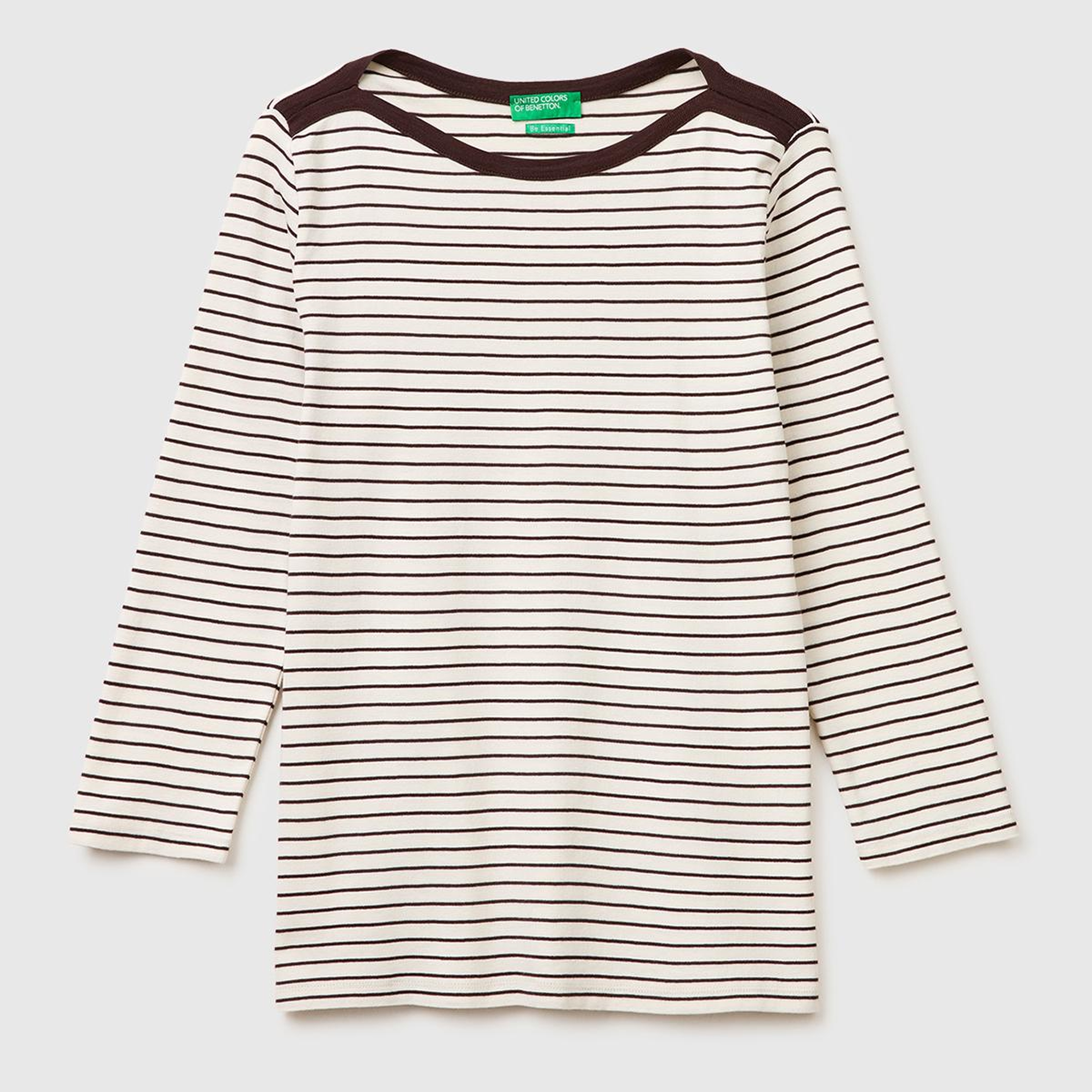 Kadın Bej %100 Pamuk Çizgili Logolu Kayık Yaka Truvakar Kol T-Shirt