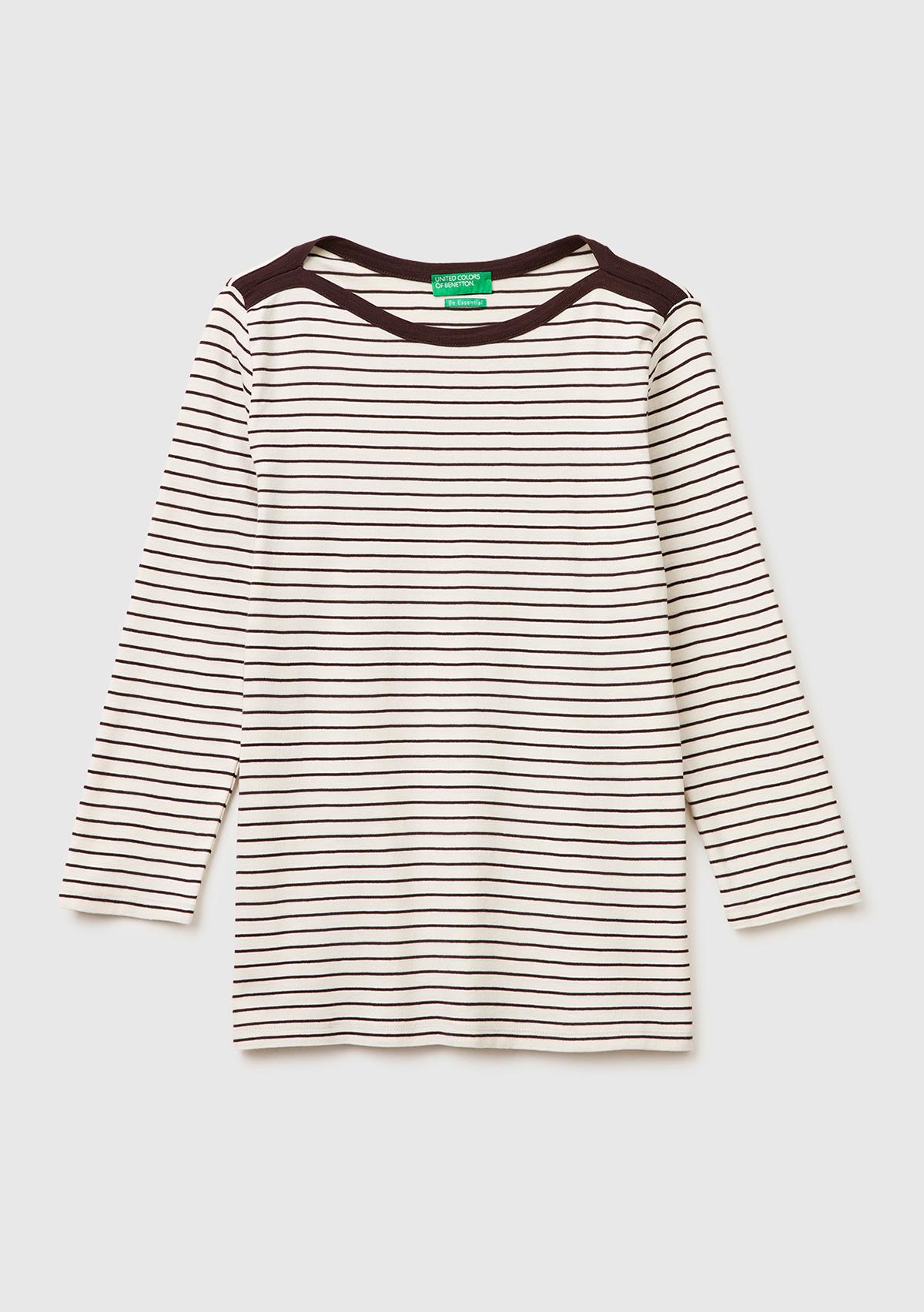 Kadın Bej %100 Pamuk Çizgili Logolu Kayık Yaka Truvakar Kol T-Shirt