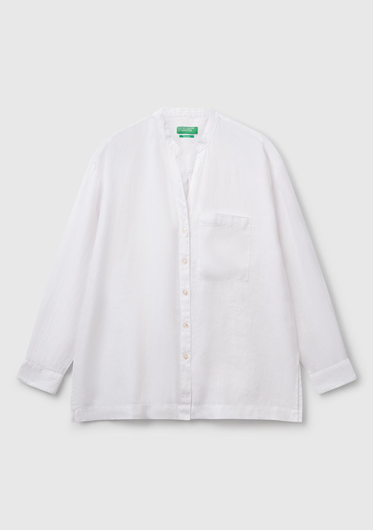 Kadın Beyaz %100 Keten Sol Önü Cepli Oversize Mandarin Yaka Gömlek