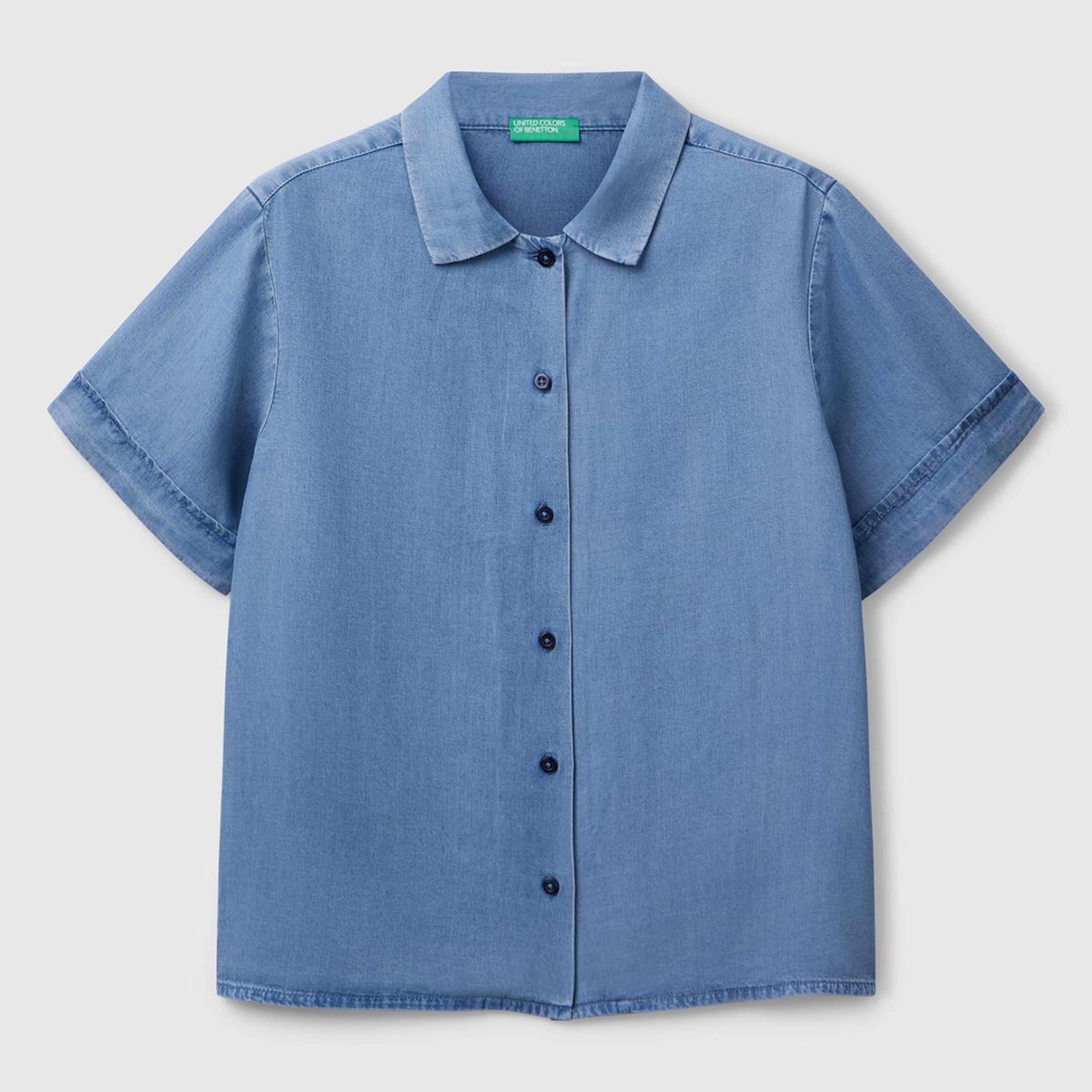 Kadın Açık Mavi %100 Liyosel Kısa Kollu Denim Gömlek