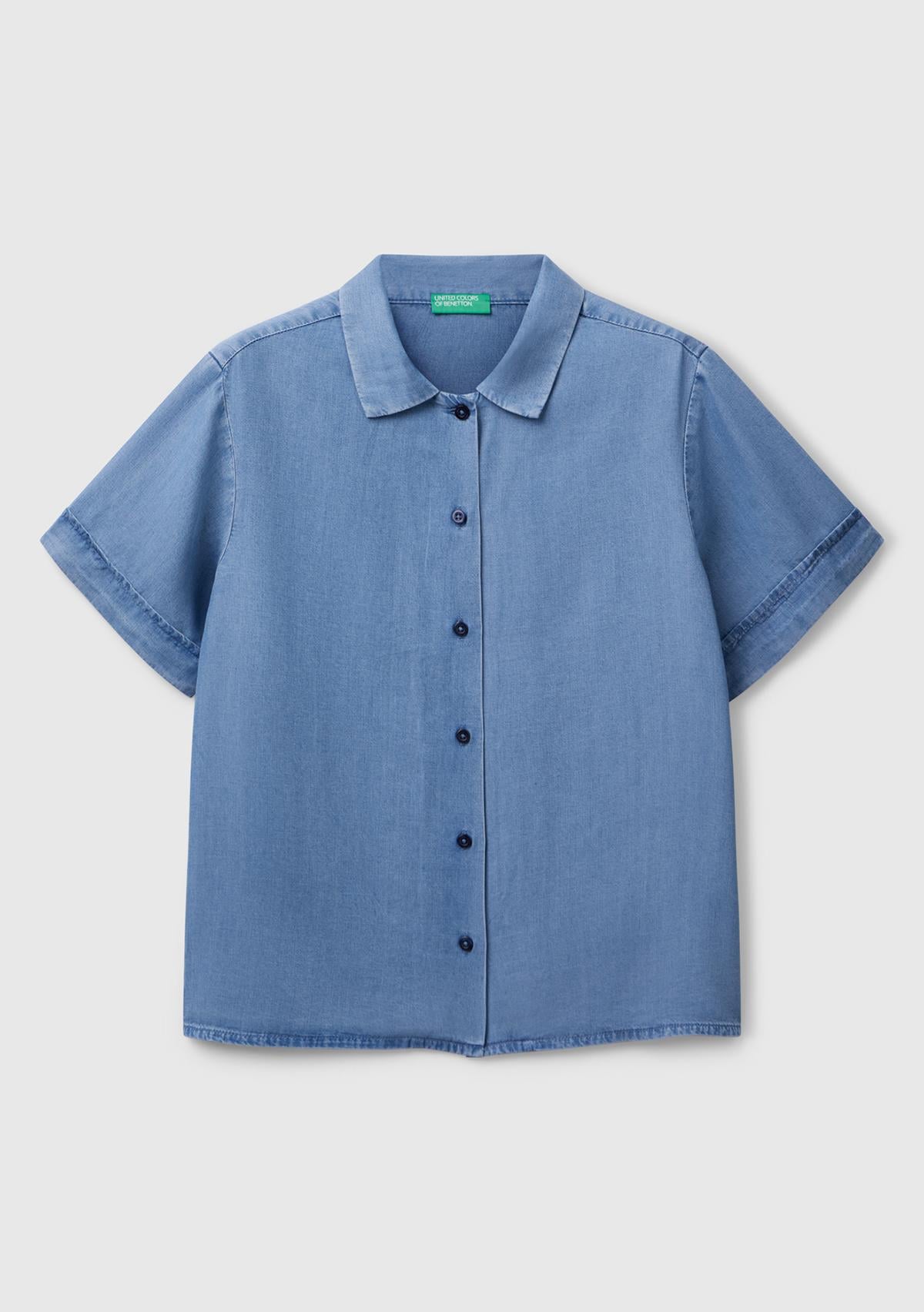 Kadın Açık Mavi %100 Liyosel Kısa Kollu Denim Gömlek