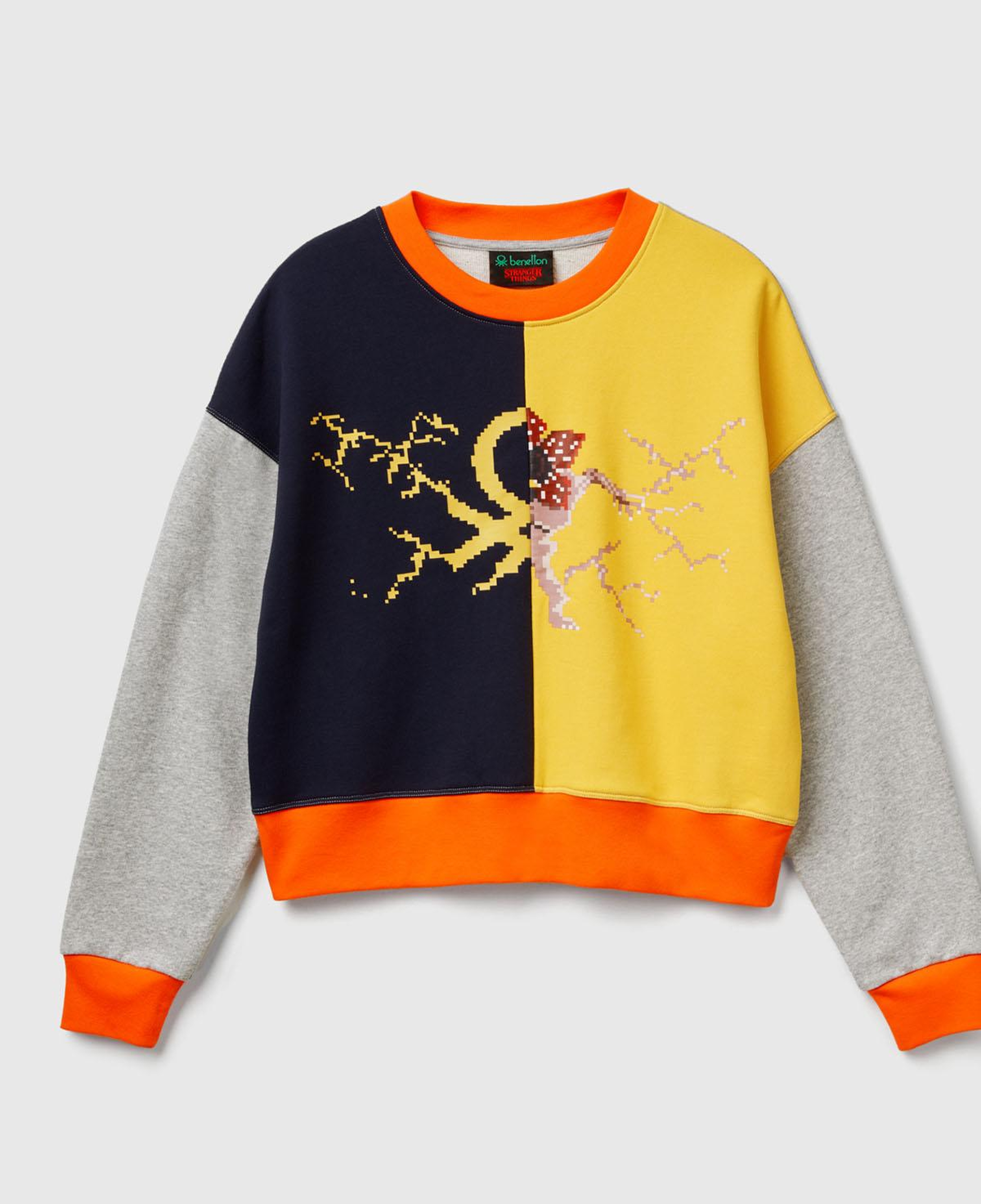 Kadın Sarı Mix %100 Pamuk Renk Bloklu Stranger Things Baskılı Sweatshirt